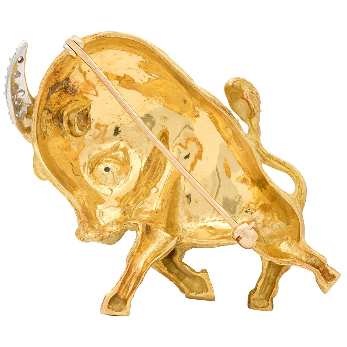 1960's Diamond Sapphire 18K Gold Vintage Whimsical Taurus Zodiac Bull Brooch