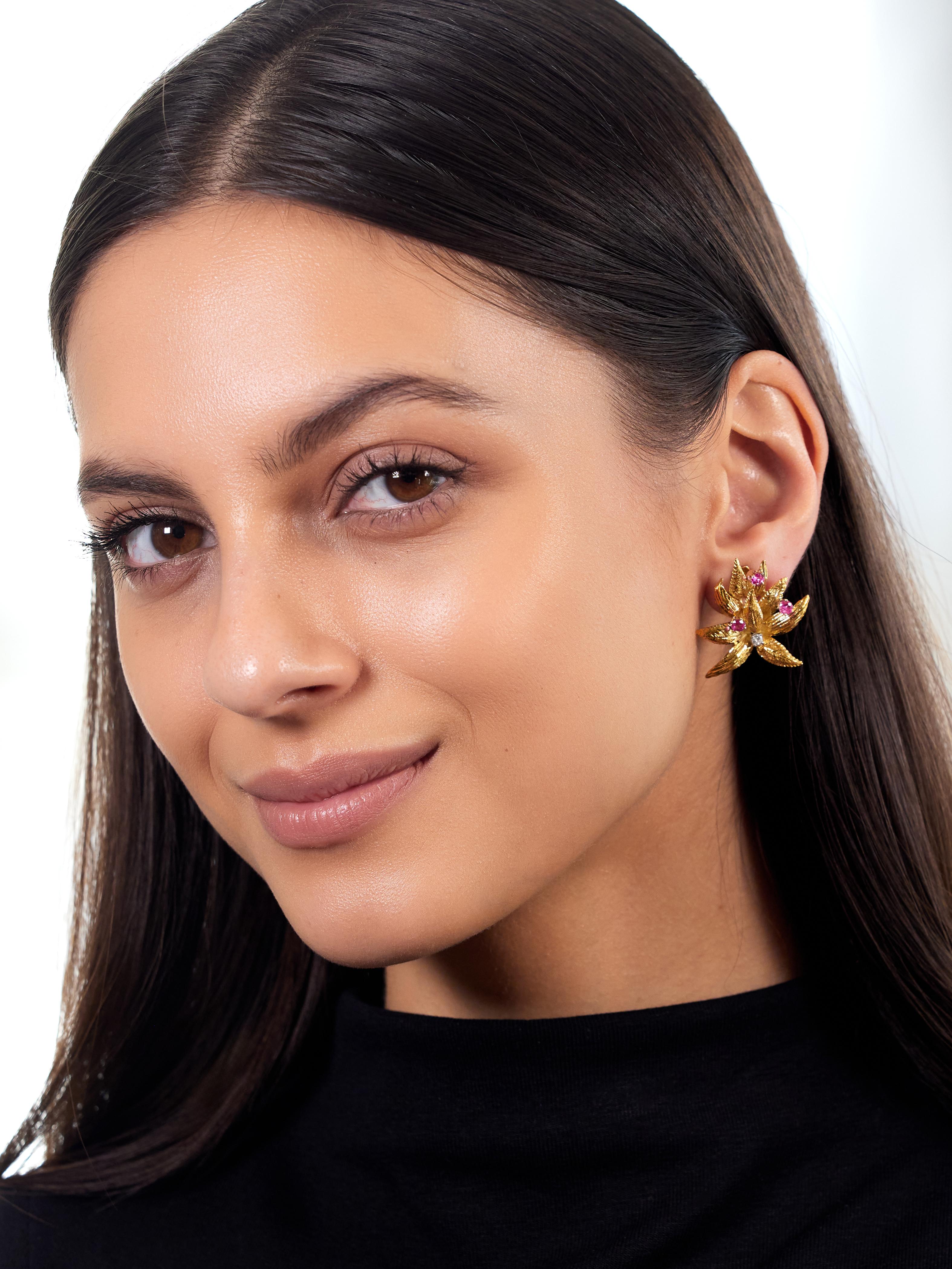 Tiffany & Co. Mid-Century Ruby Diamond Platinum 18K Gold Leaf Vintage Earrings