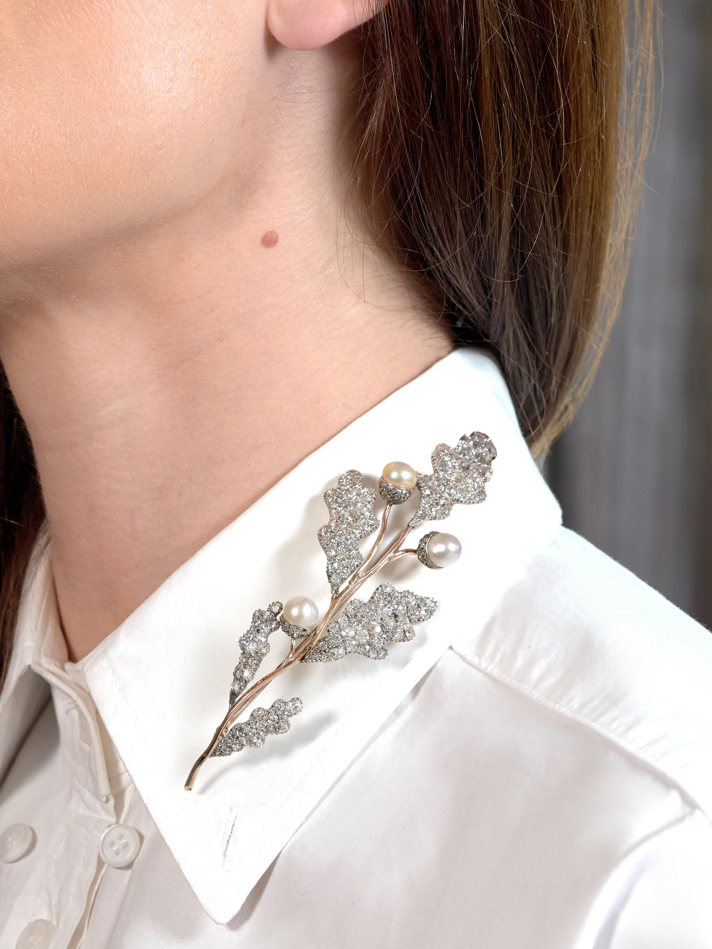 Victorian Natural Pearl Diamond 14K Gold Silver Antique Acorn Branch Brooch