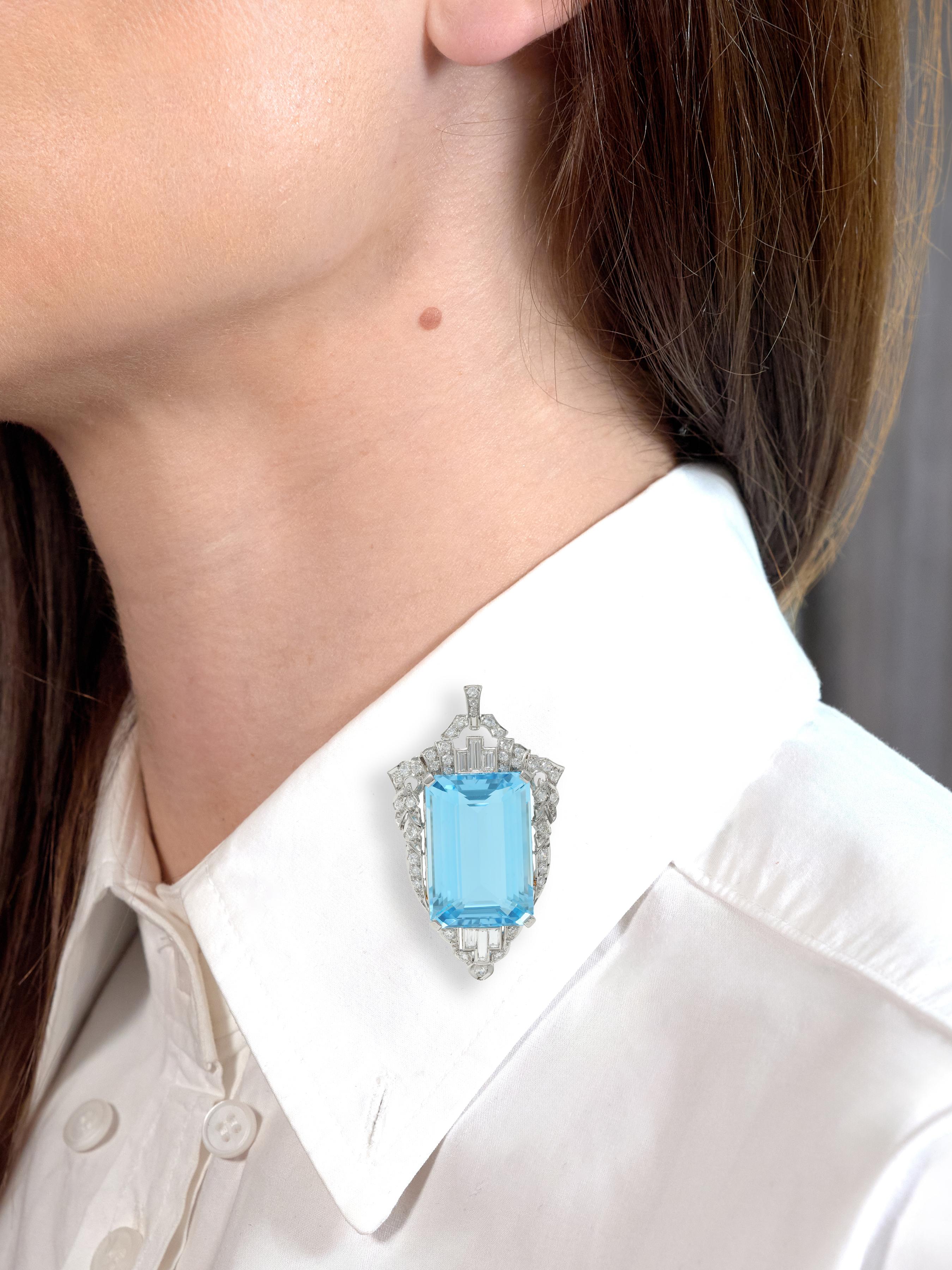 Late Art Deco 32.05 CTW Aquamarine Diamond Platinum Vintage Pendant Brooch