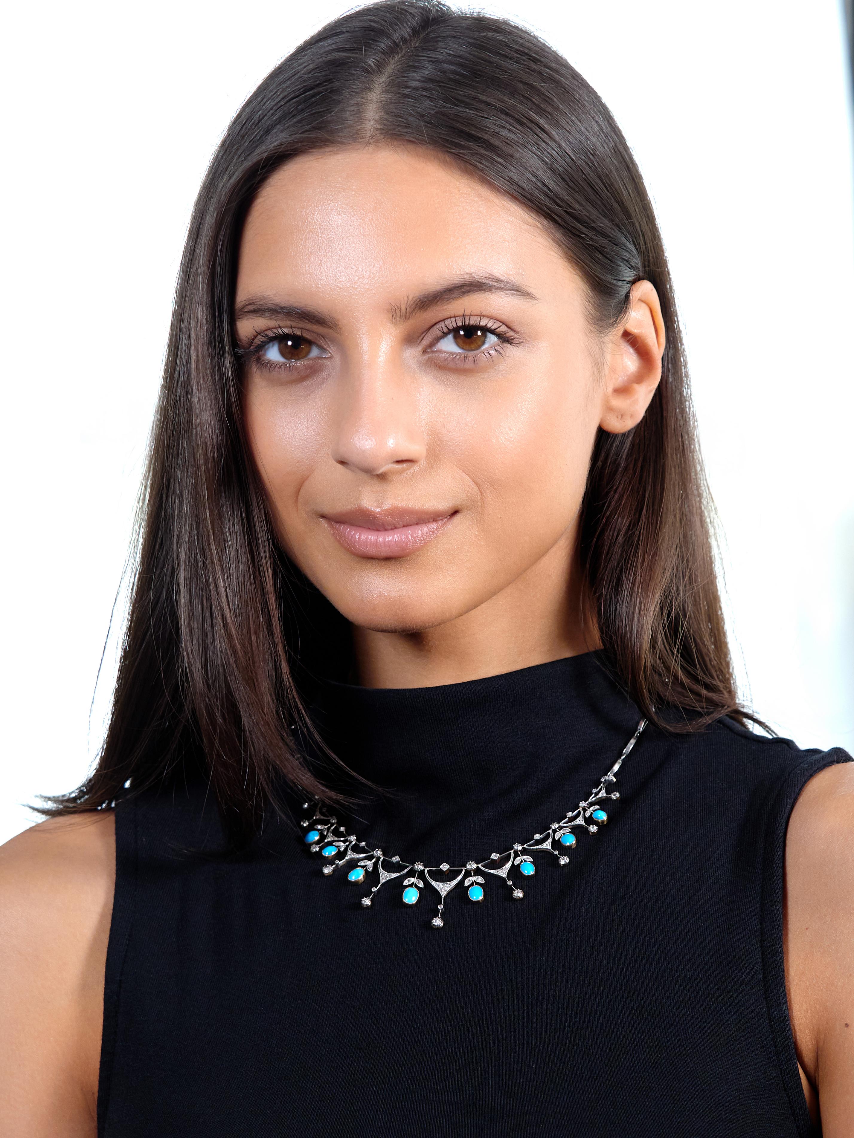 Edwardian Diamond Turquoise Platinum 18K Gold Antique Foliate Fringe Necklace