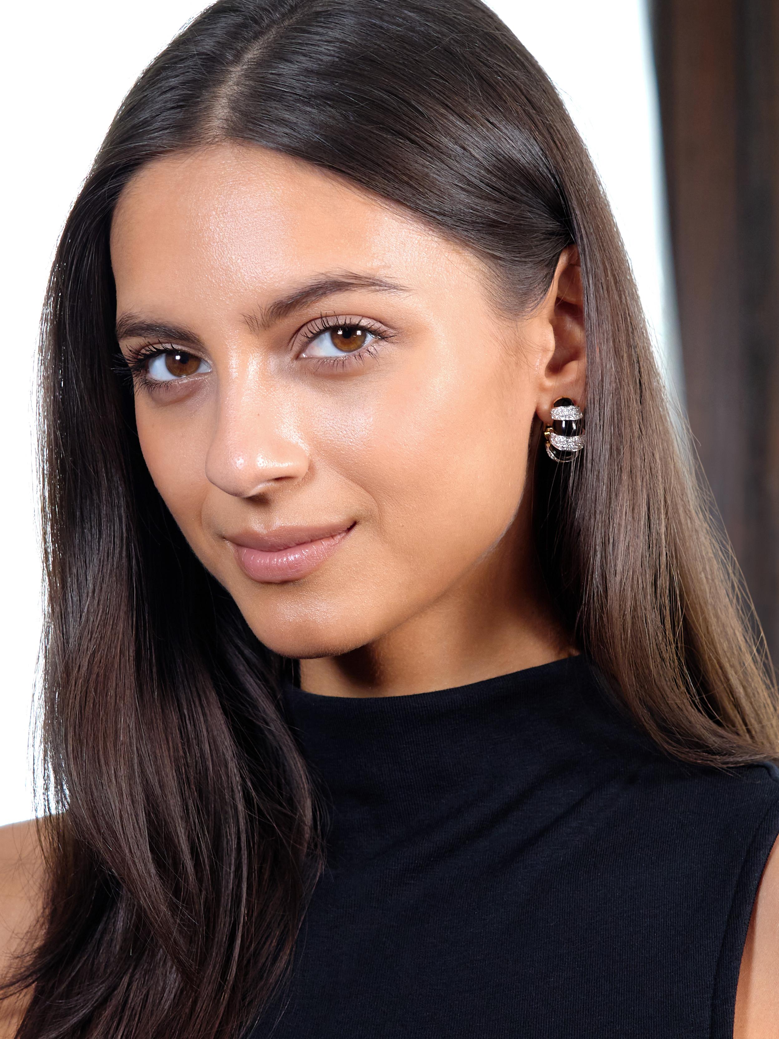 David Webb Diamond Black Enamel Platinum 18K Gold Vintage Ear-Clip Earrings