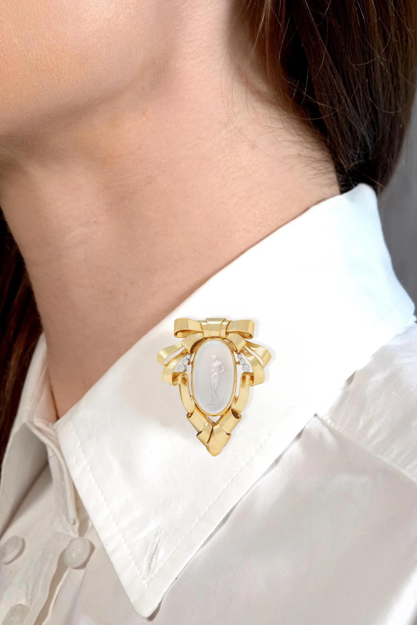 Retro Moonstone Intaglio Diamond Platinum 18K Yellow Gold Vintage Ribbon Brooch