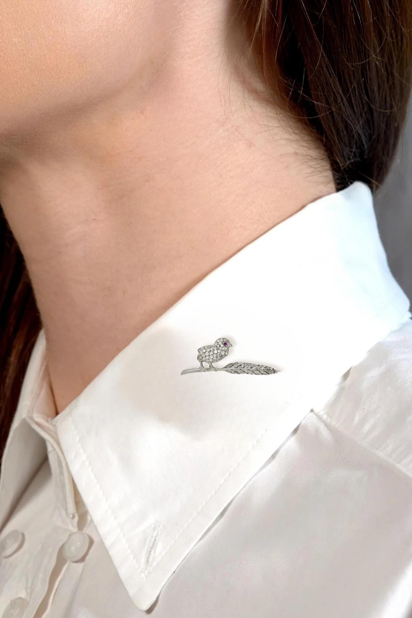 Art Deco Ruby Diamond Platinum Vintage Bird On A Feather Brooch