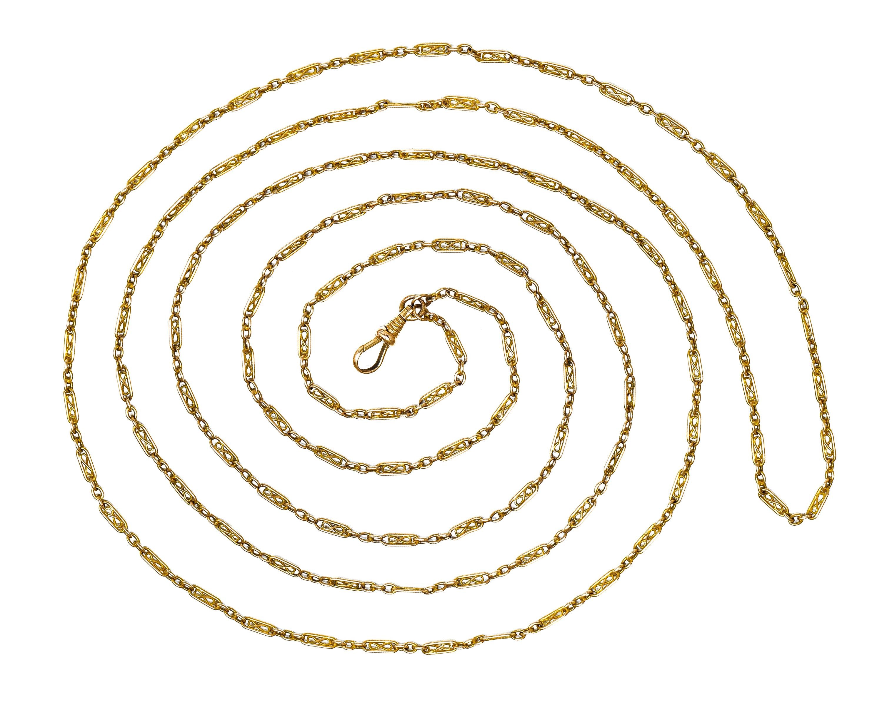 Victorian 14K Yellow Gold Infinity Link 64 IN Long Antique Fob Chain Necklace