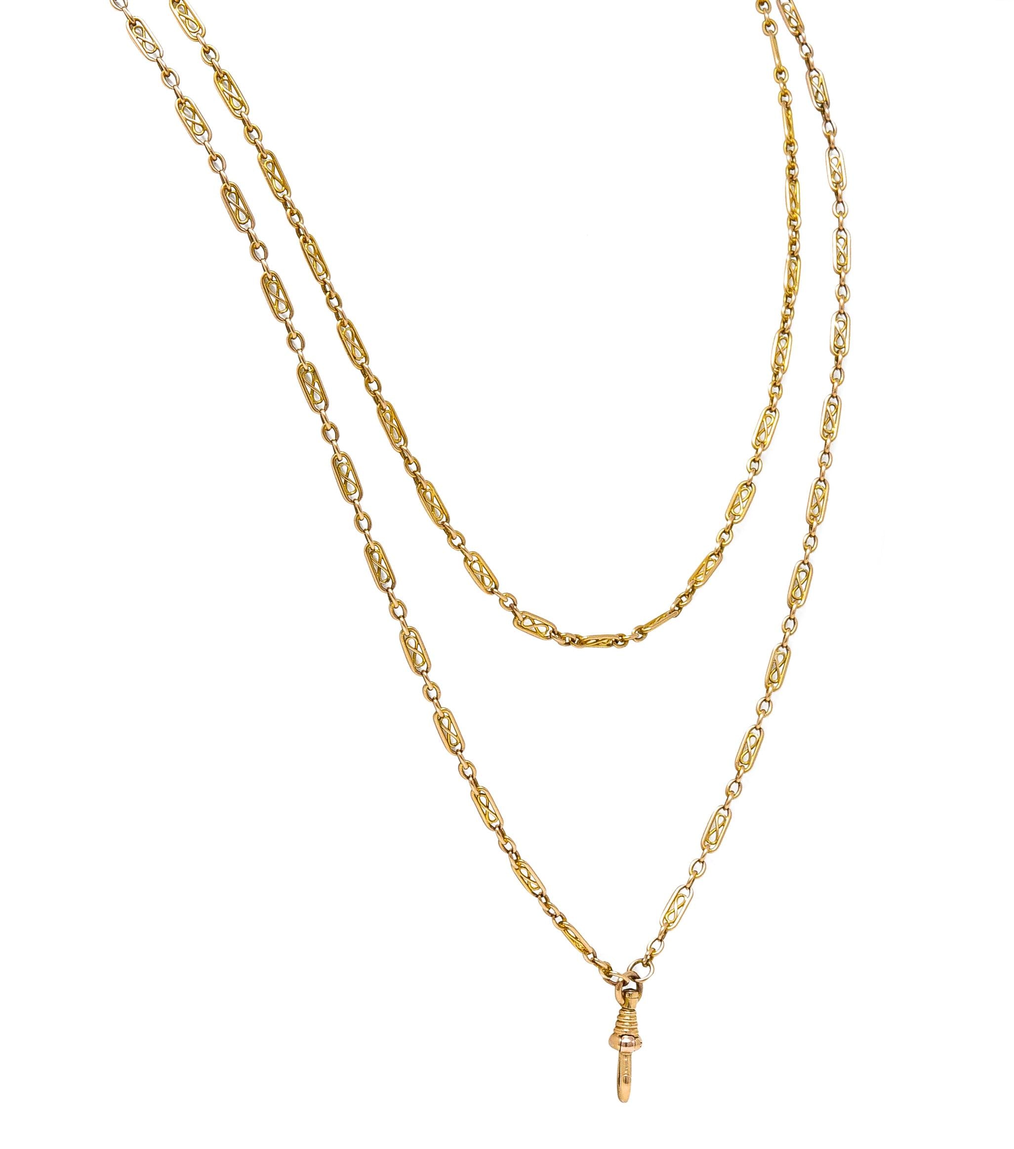 Victorian 14K Yellow Gold Infinity Link 64 IN Long Antique Fob Chain Necklace