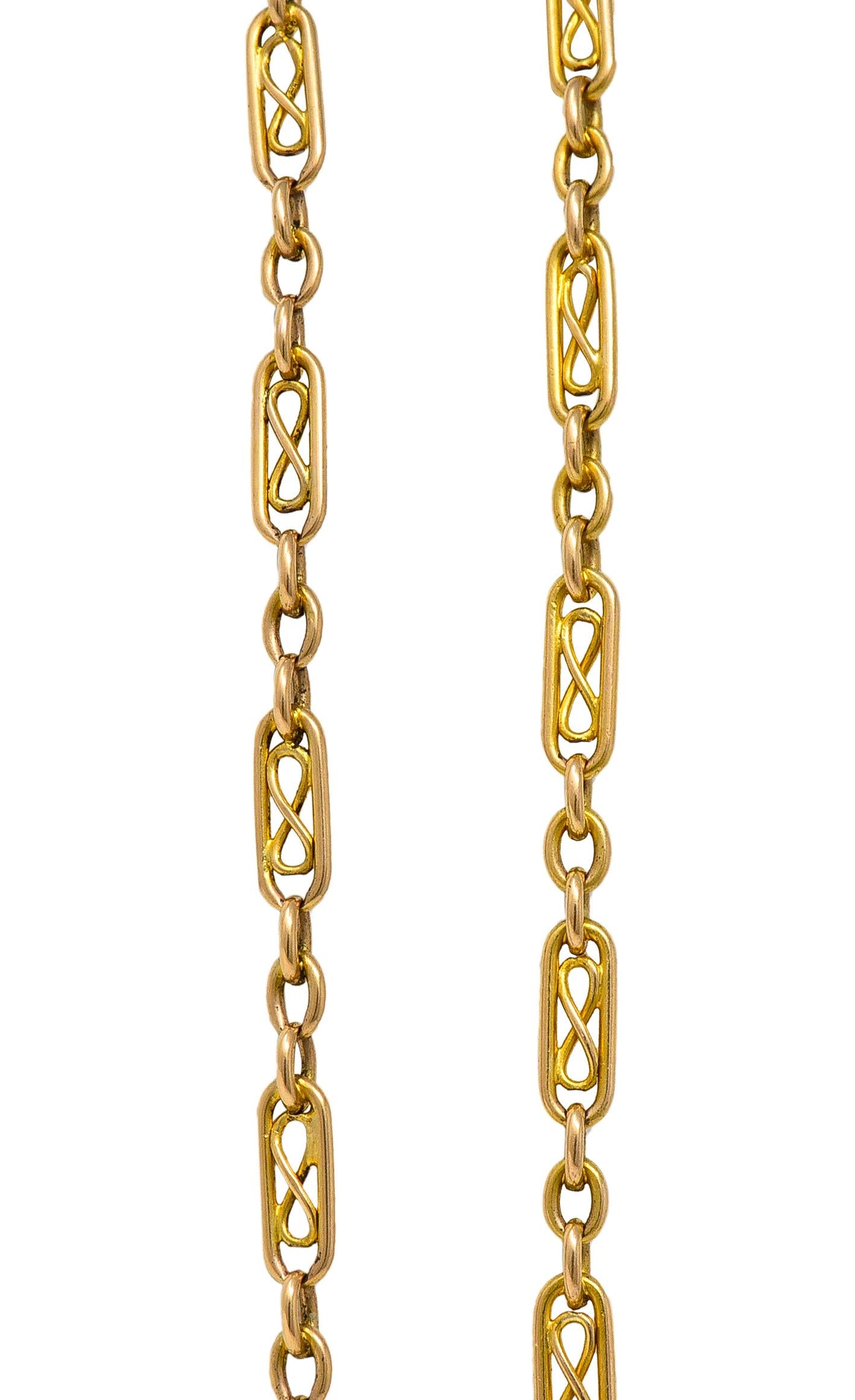 Victorian 14K Yellow Gold Infinity Link 64 IN Long Antique Fob Chain Necklace