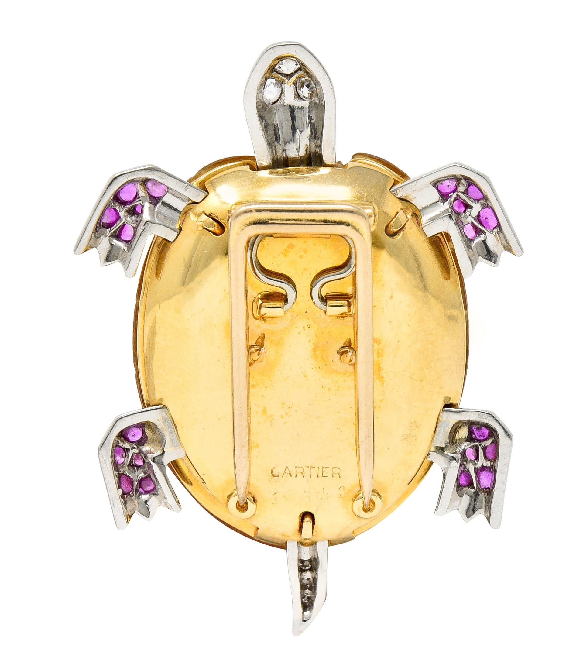1950's Cartier Ruby Diamond Platinum 18 Karat Yellow Gold Vintage Turtle Brooch