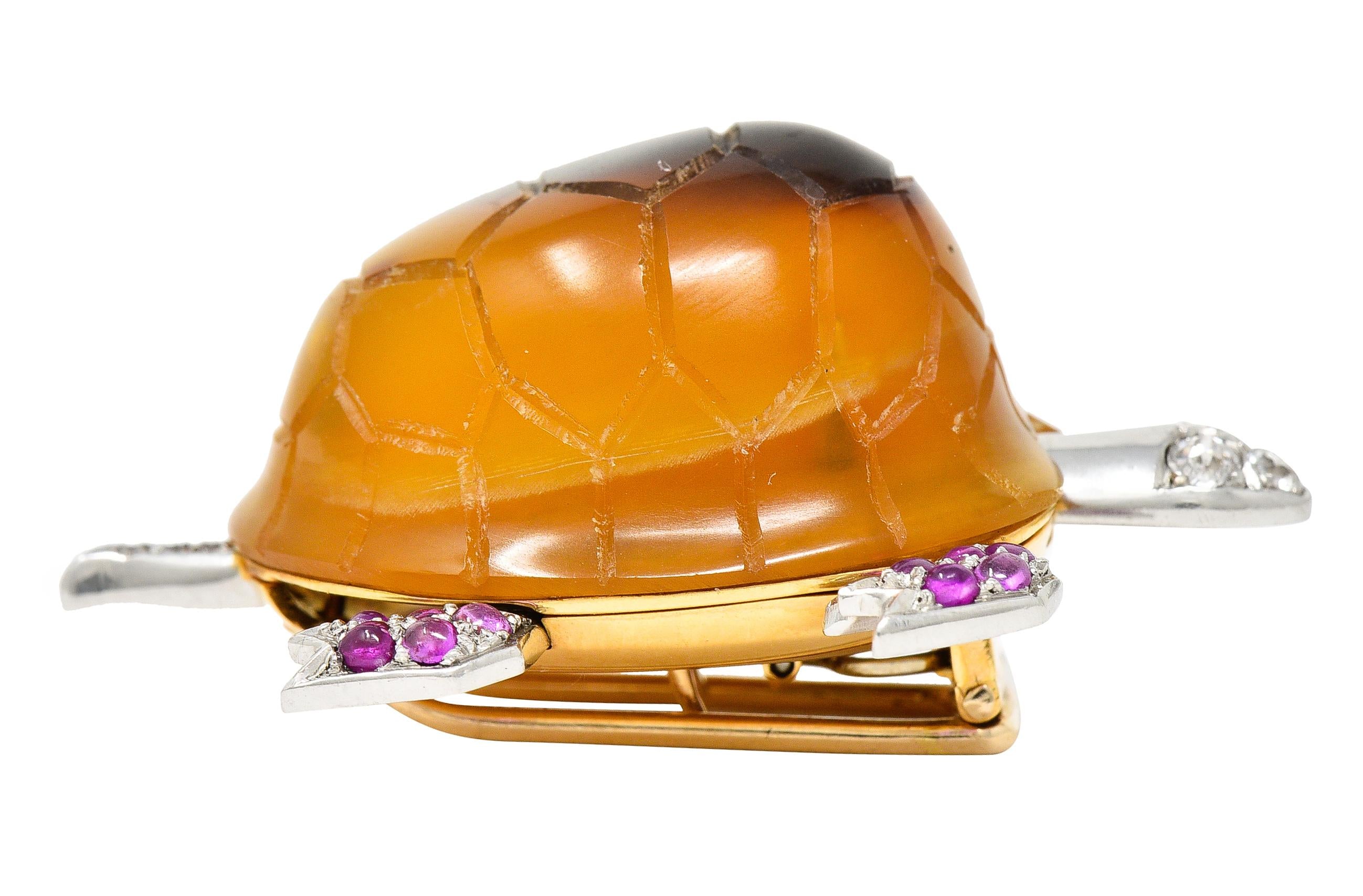 1950's Cartier Ruby Diamond Platinum 18 Karat Yellow Gold Vintage Turtle Brooch