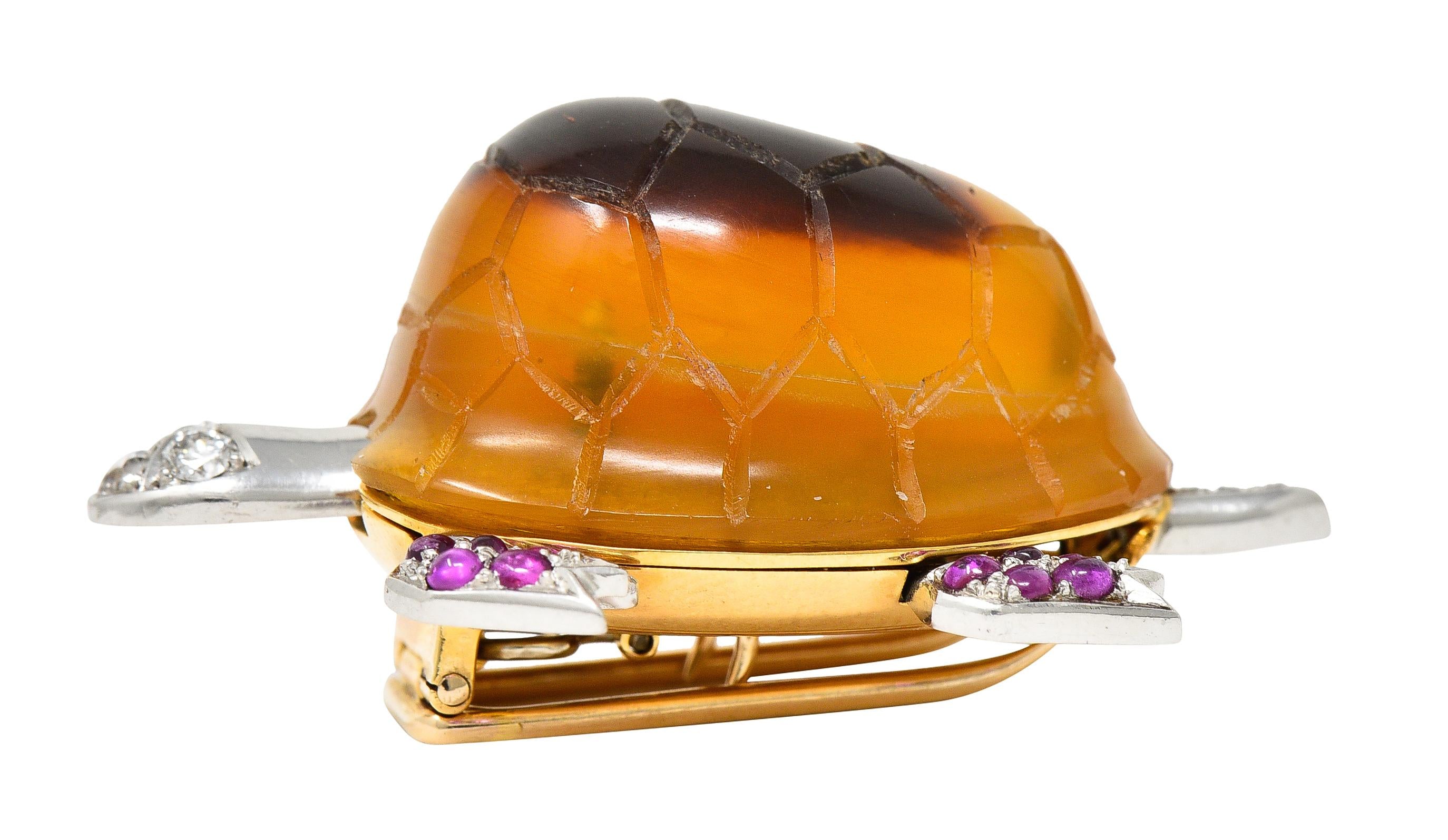 1950's Cartier Ruby Diamond Platinum 18 Karat Yellow Gold Vintage Turtle Brooch