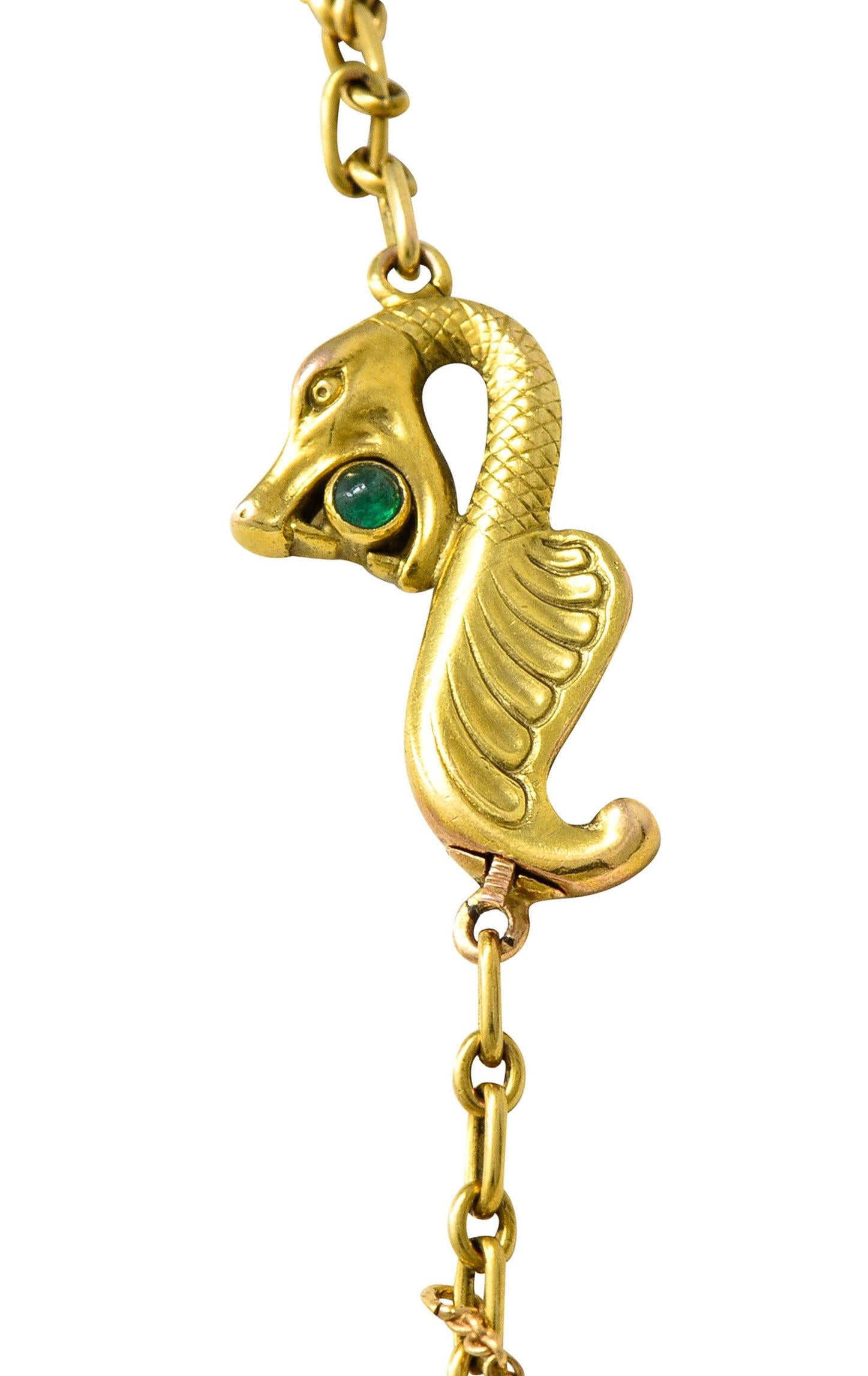 Art Nouveau Diamond Emerald Enamel Pearl 14 Karat Yellow Gold Serpent Necklace