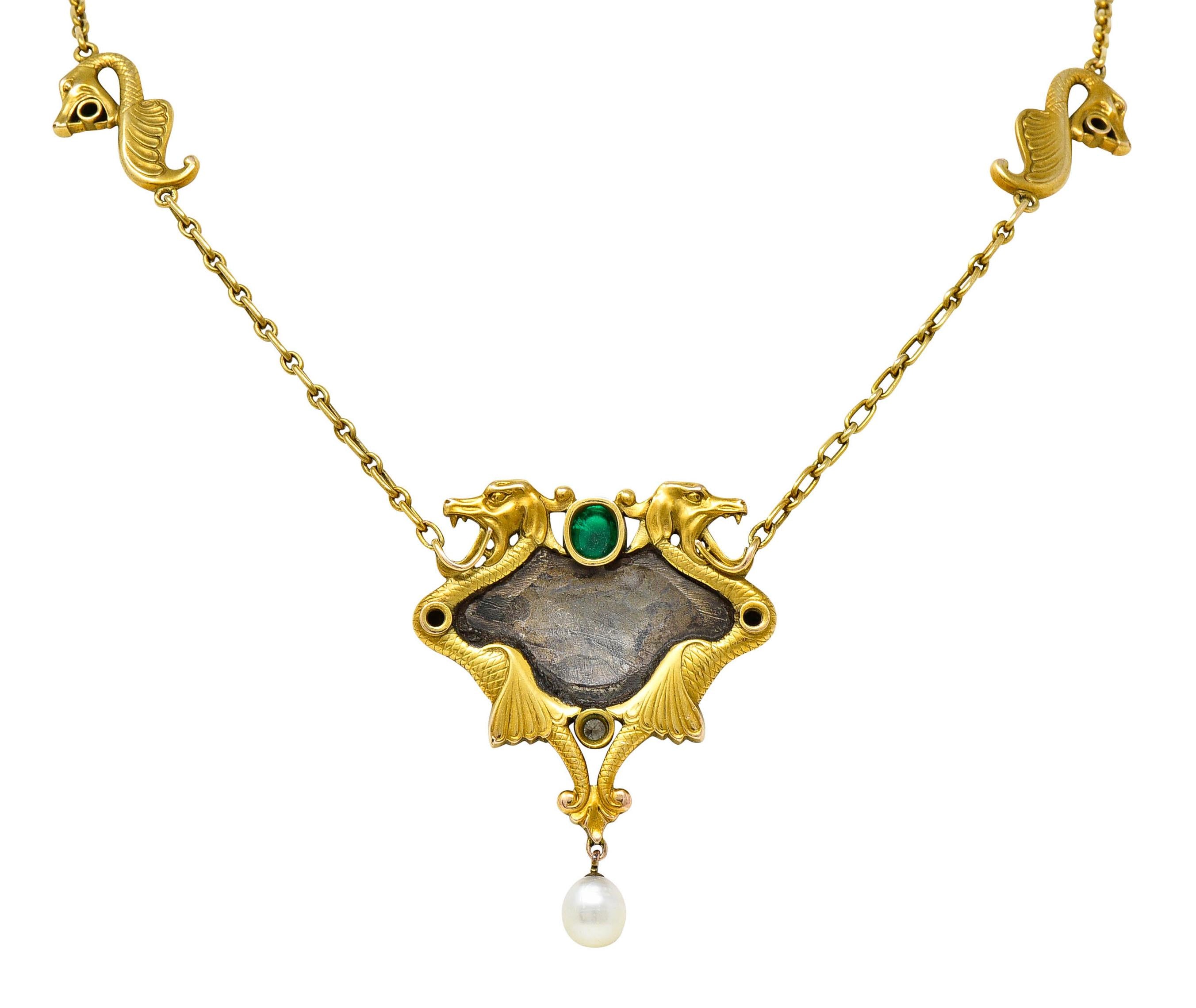 Art Nouveau Diamond Emerald Enamel Pearl 14 Karat Yellow Gold Serpent Necklace