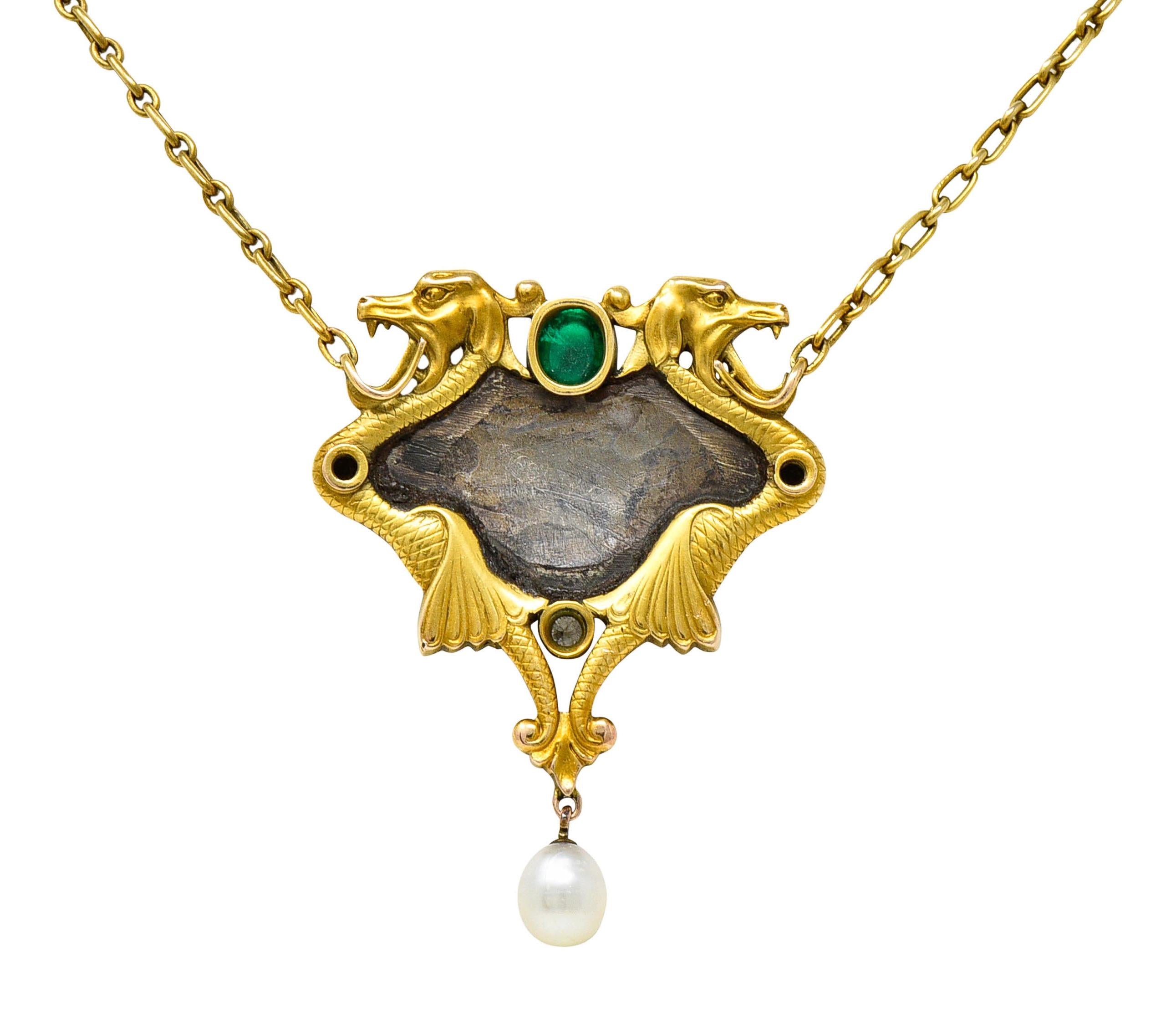 Art Nouveau Diamond Emerald Enamel Pearl 14 Karat Yellow Gold Serpent Necklace