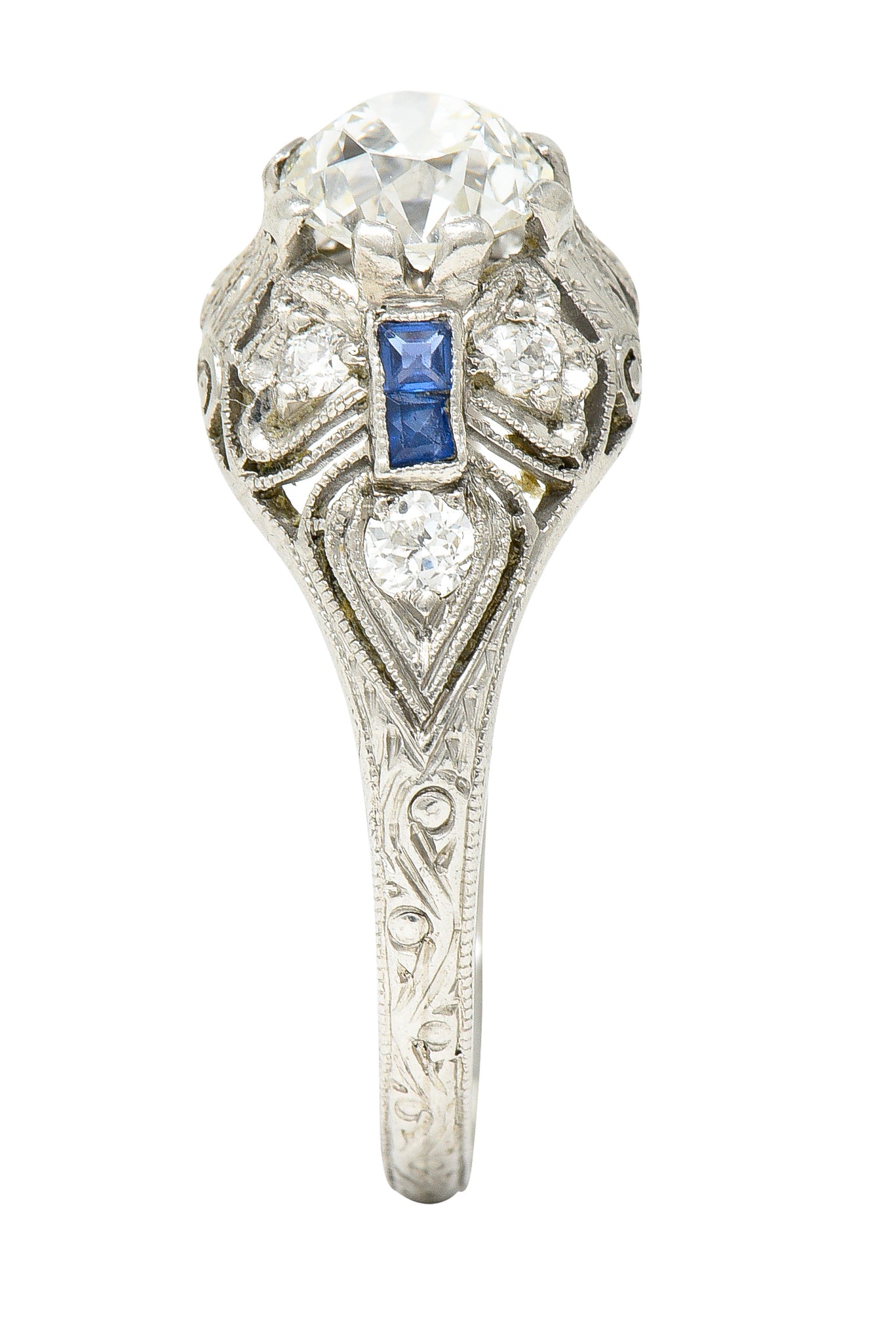 Art Deco 1.55 CTW Old European Diamond Sapphire Platinum Clover Vintage Engagement Ring Wilson's Estate Jewelry