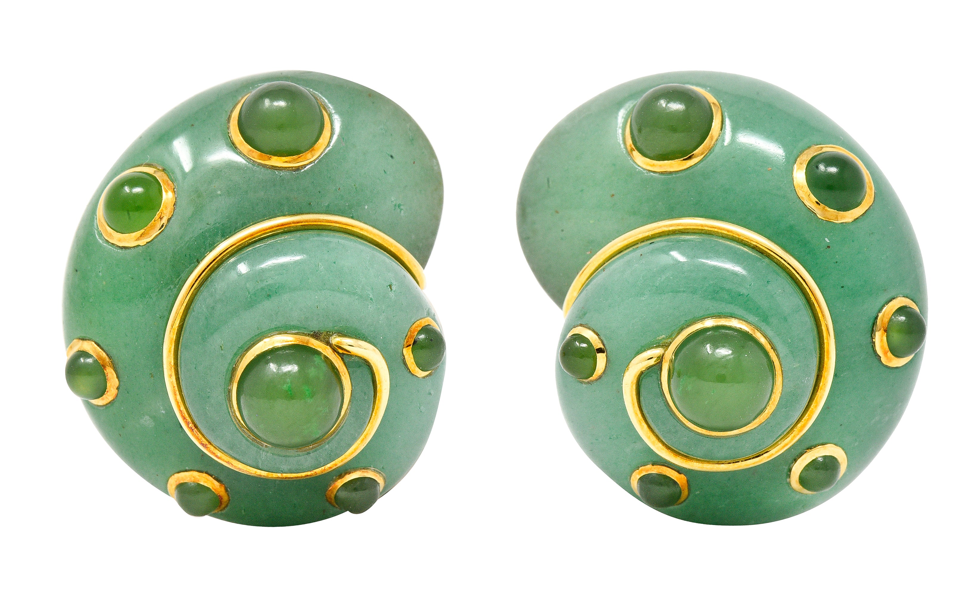 Verdura 1980's Carved Aventurine Nephrite Jade Cabochon 18 Karat Yellow Gold Sea Shell Vintage Earrings Wilson's Estate Jewelry