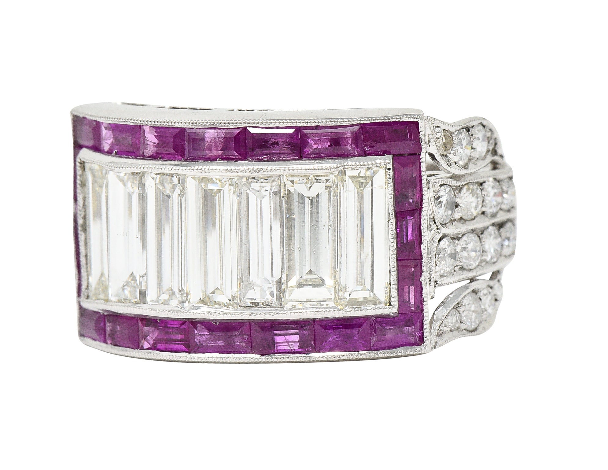 Mid-Century 5.13 CTW Baguette Diamond Ruby Platinum Floral Channel Vintage Wide Band Ring Wilson's Estate Jewelry