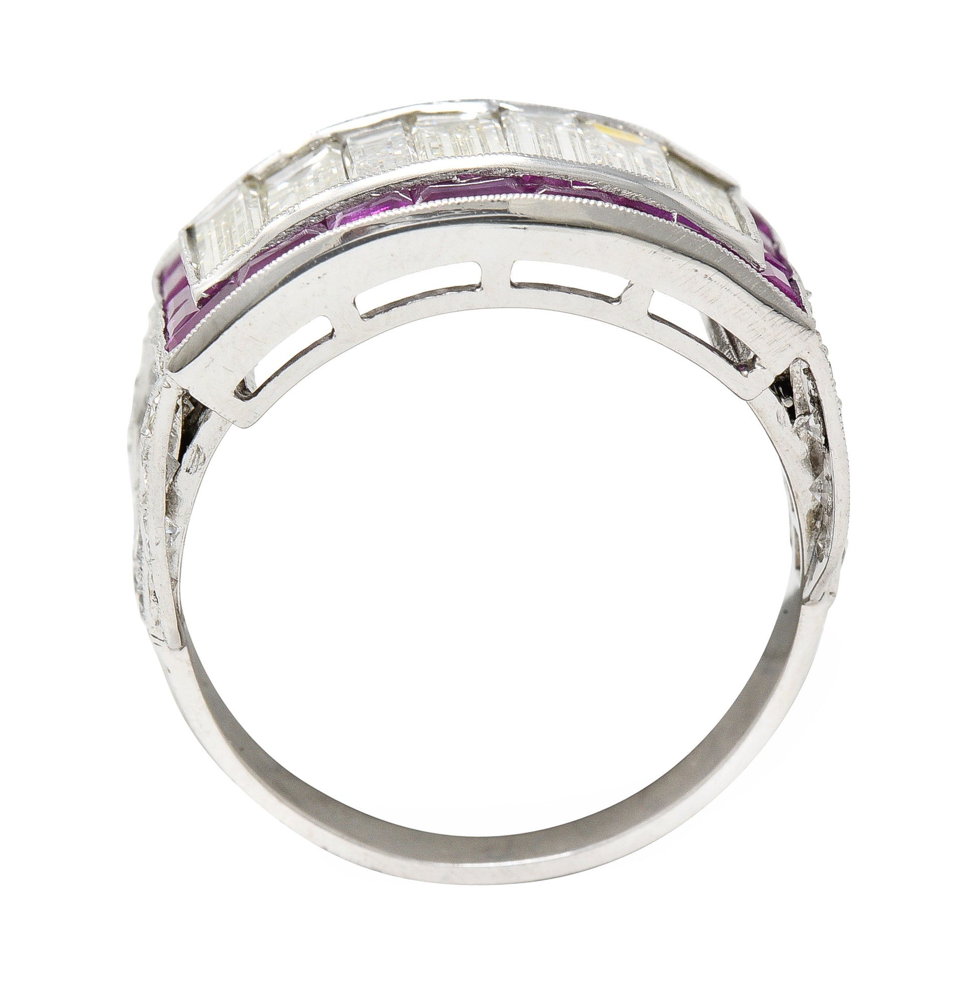 Mid-Century 5.13 CTW Baguette Diamond Ruby Platinum Floral Channel Vintage Wide Band Ring Wilson's Estate Jewelry