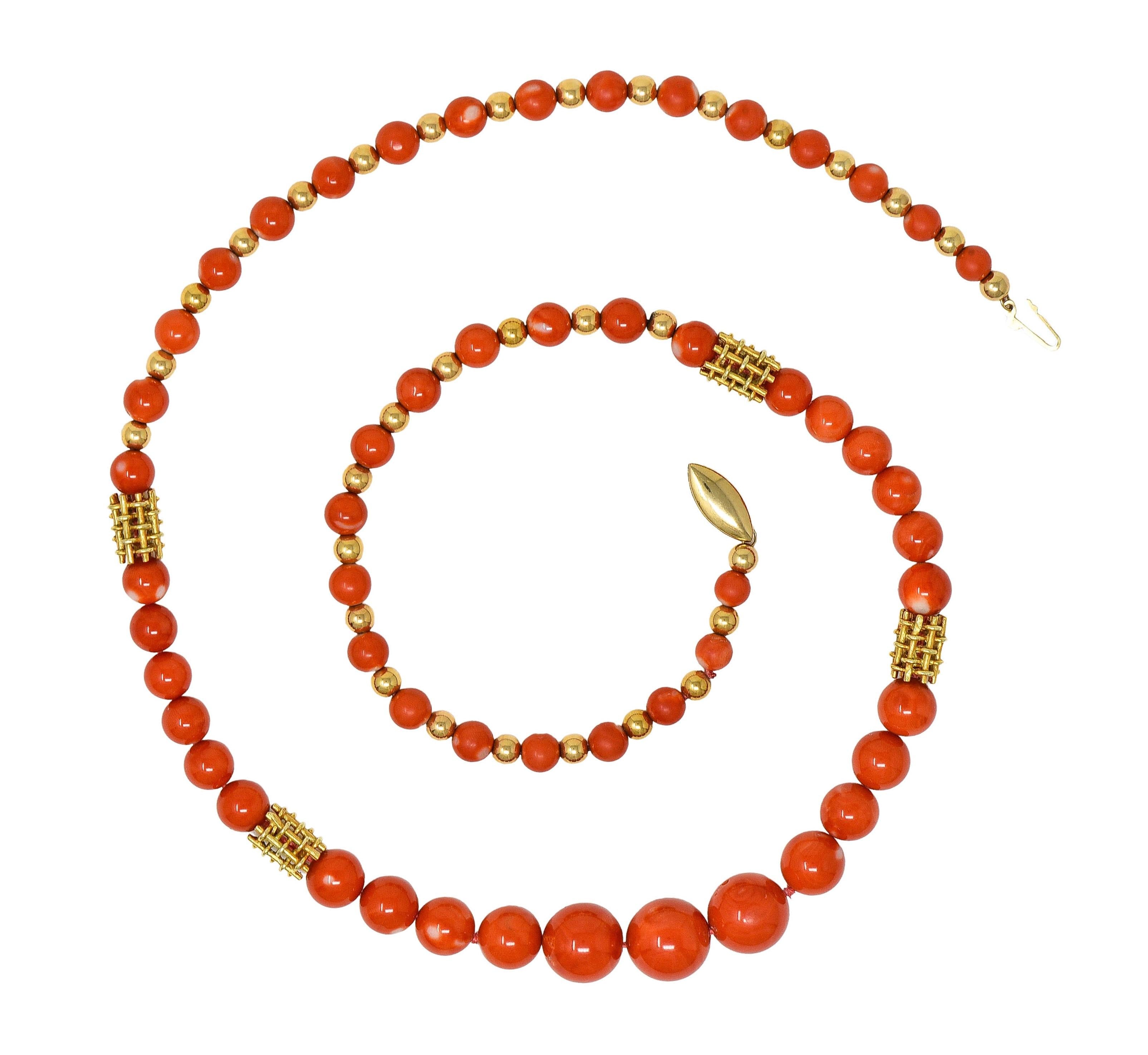 1960's Coral 14 Karat Yellow Gold Vintage Beaded Station Necklace