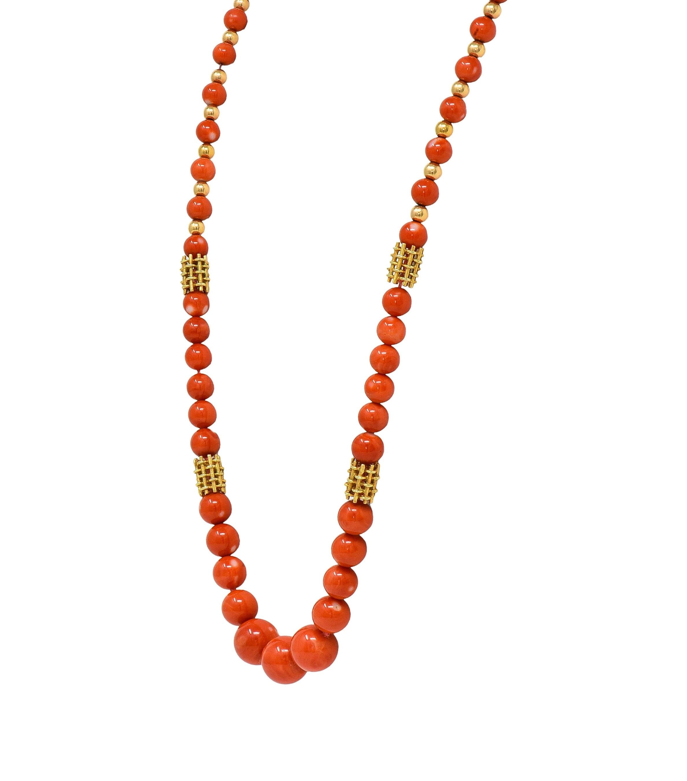 1960's Coral 14 Karat Yellow Gold Vintage Beaded Station Necklace