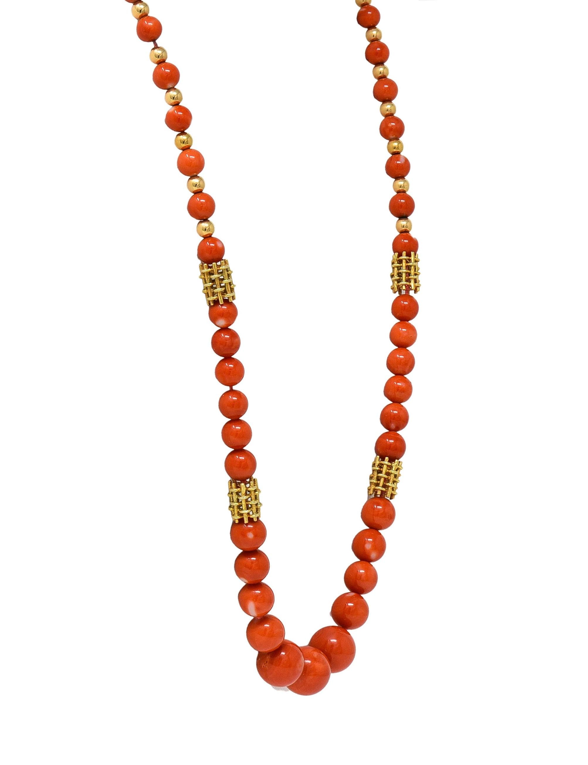 1960's Coral 14 Karat Yellow Gold Vintage Beaded Station Necklace