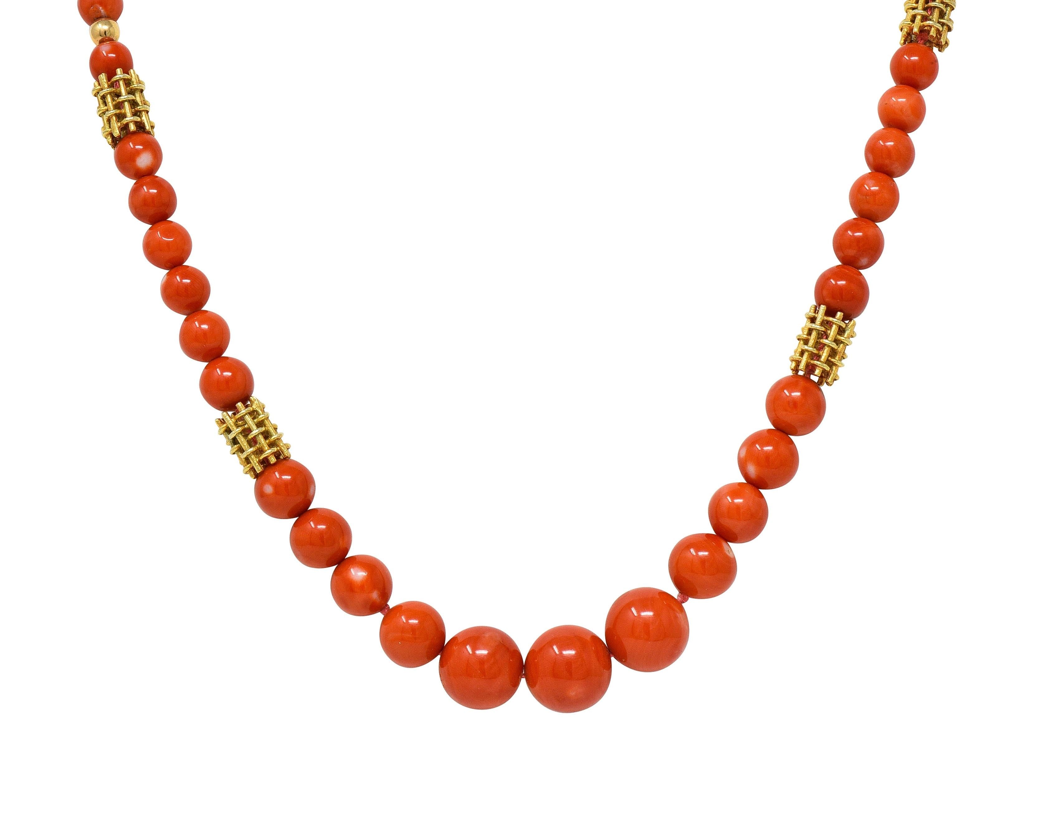1960's Coral 14 Karat Yellow Gold Vintage Beaded Station Necklace