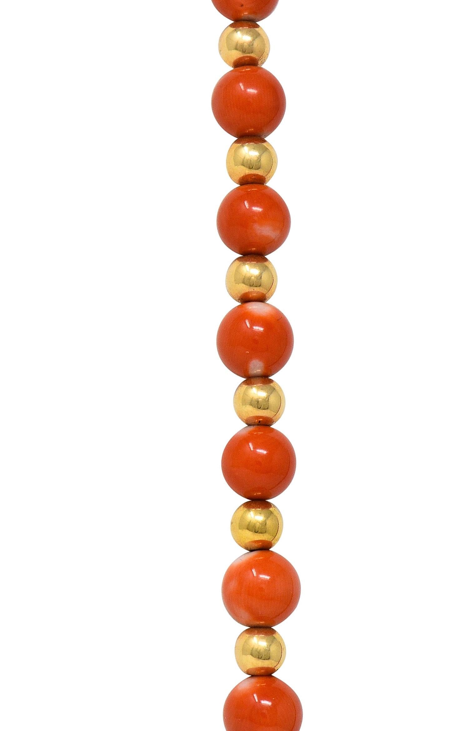 1960's Coral 14 Karat Yellow Gold Vintage Beaded Station Necklace