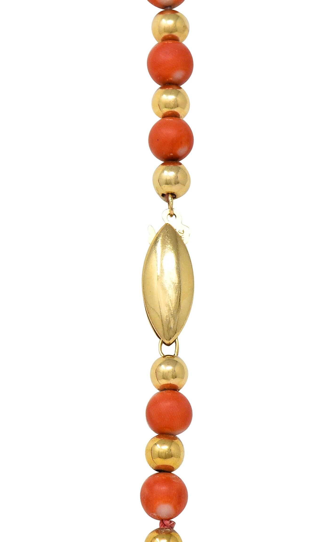 1960's Coral 14 Karat Yellow Gold Vintage Beaded Station Necklace