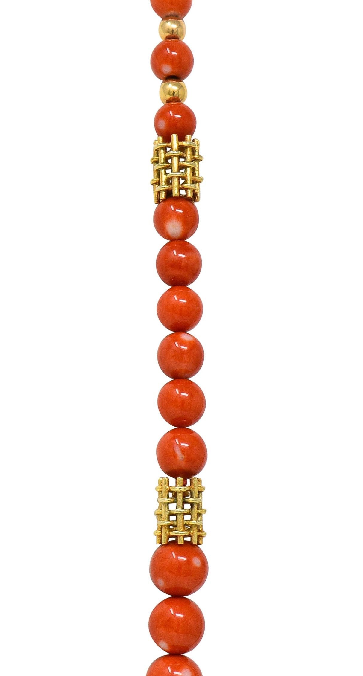 1960's Coral 14 Karat Yellow Gold Vintage Beaded Station Necklace
