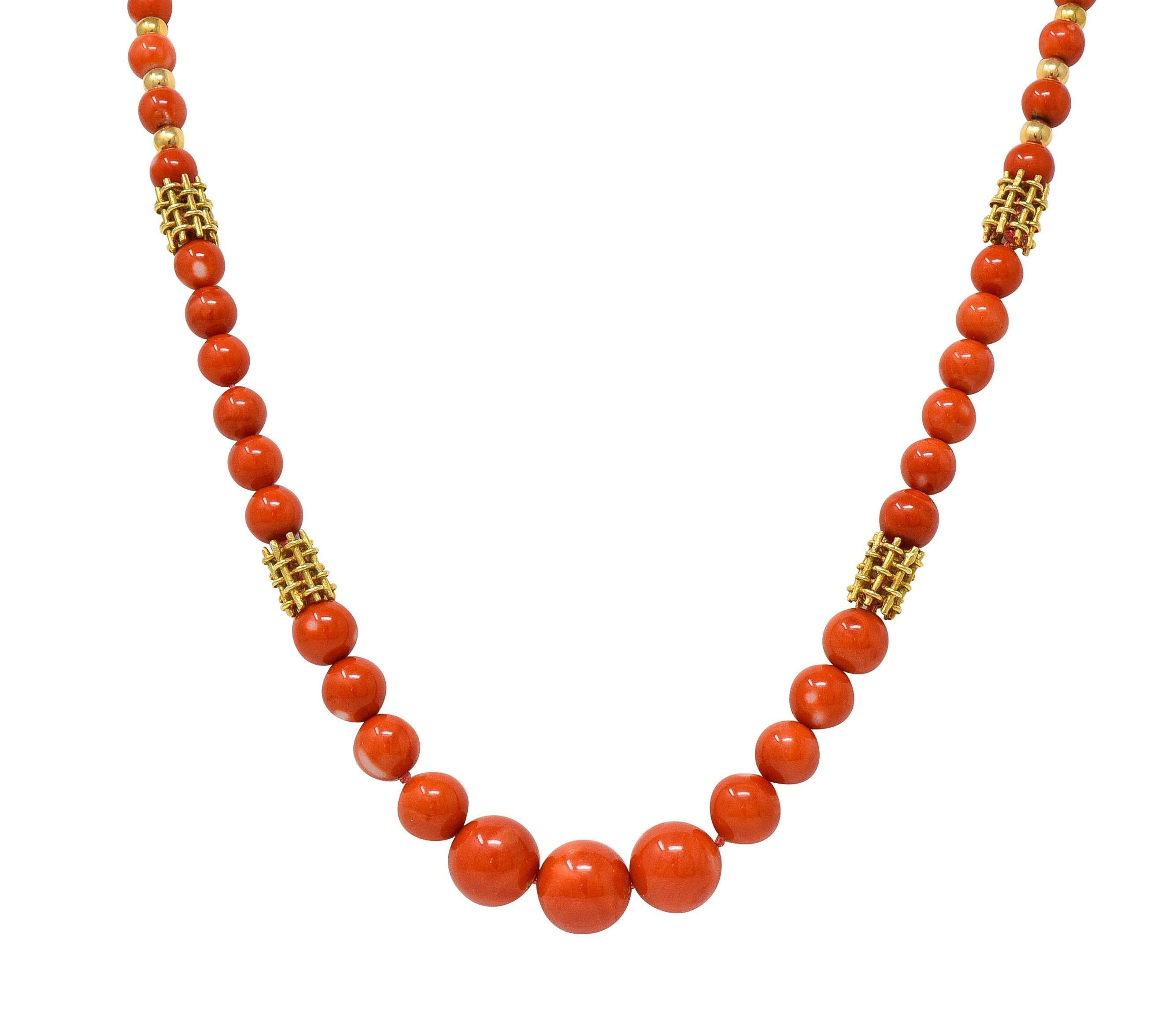 1960's Coral 14 Karat Yellow Gold Vintage Beaded Station Necklace