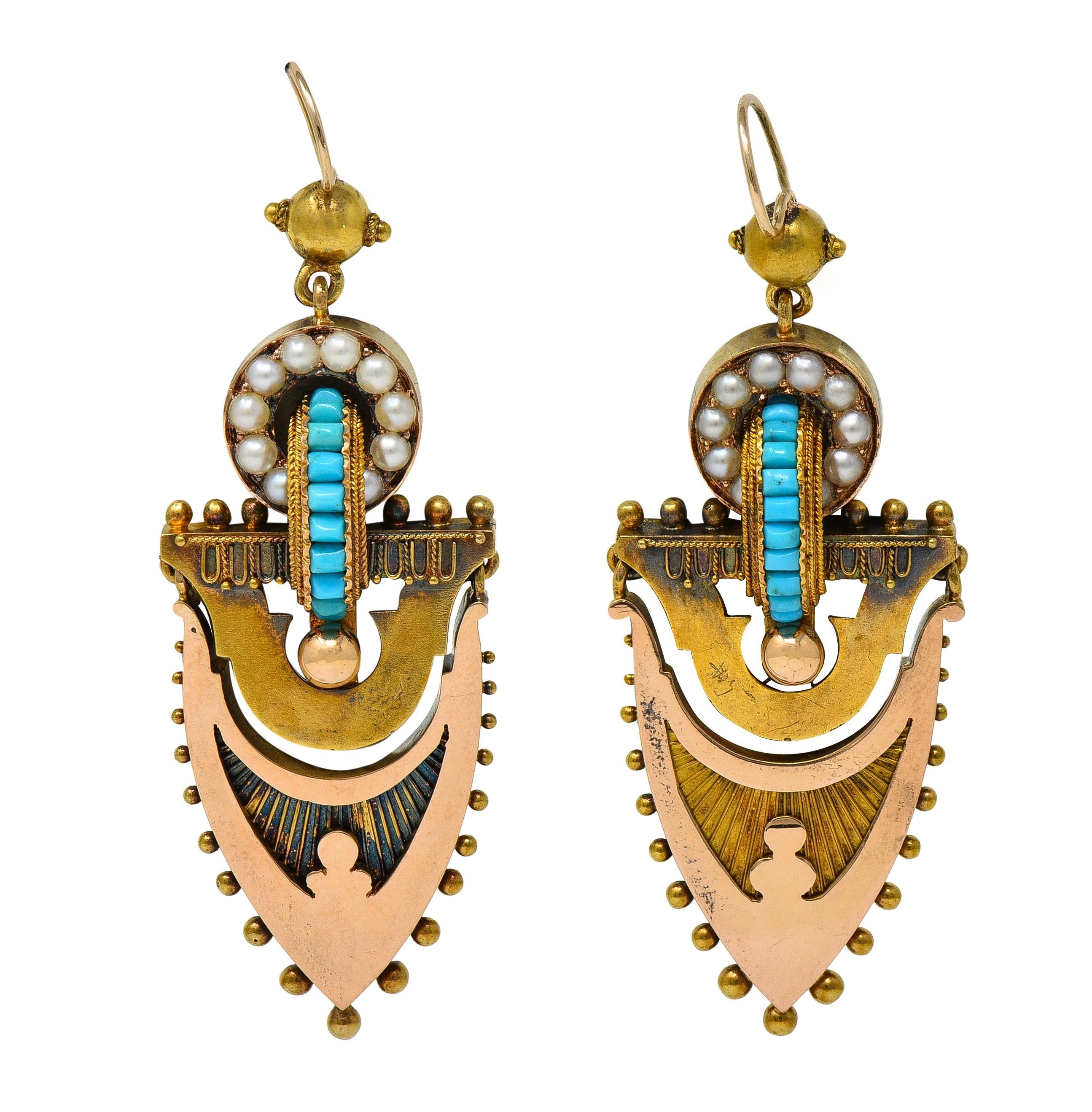 Victorian Etruscan Revival Pearl Turquoise 14 Karat Gold Antique Drop Earrings