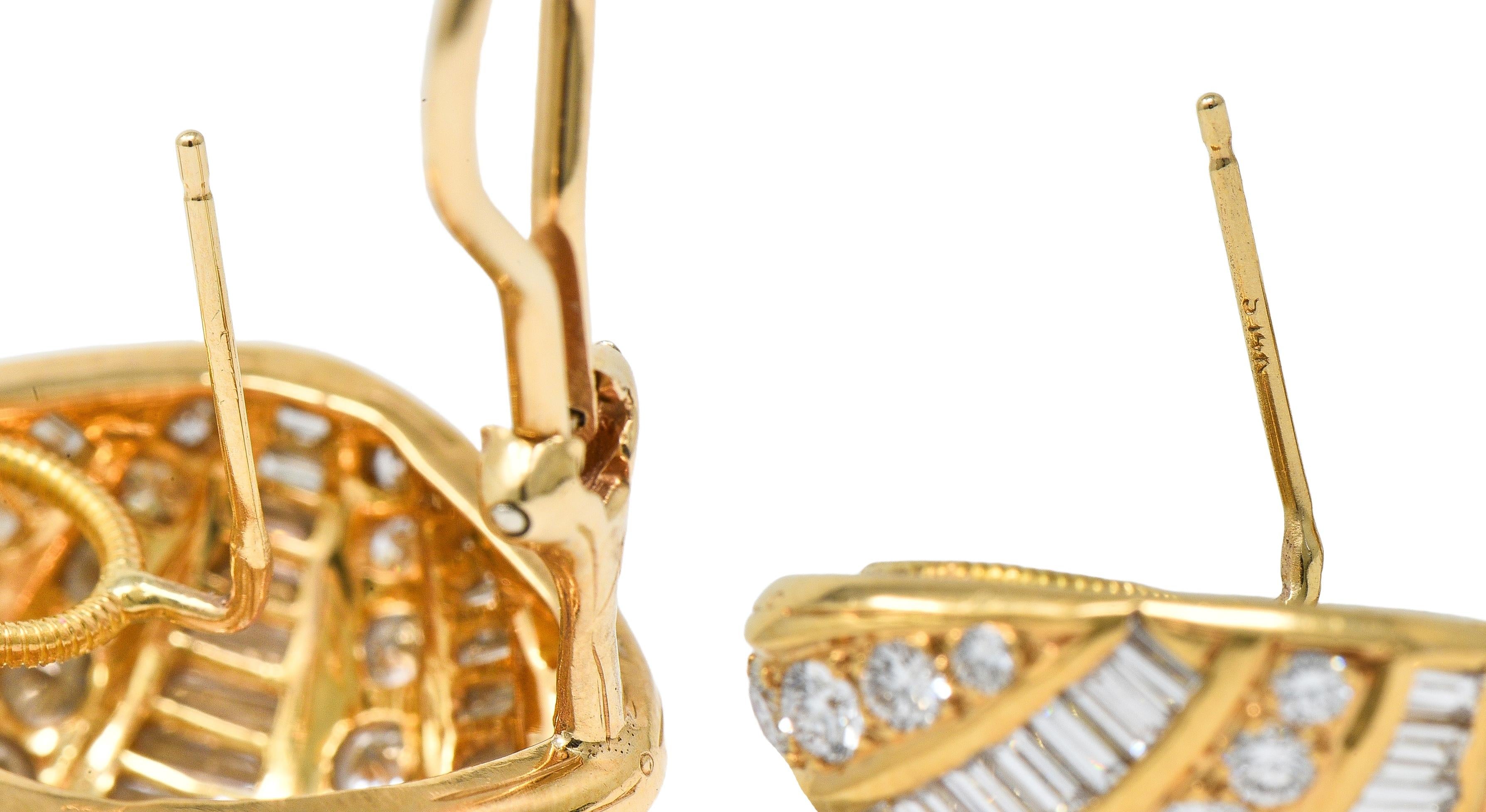 1980's Round Baguette Diamond 18 Karat Yellow Gold Domed Vintage Earrings