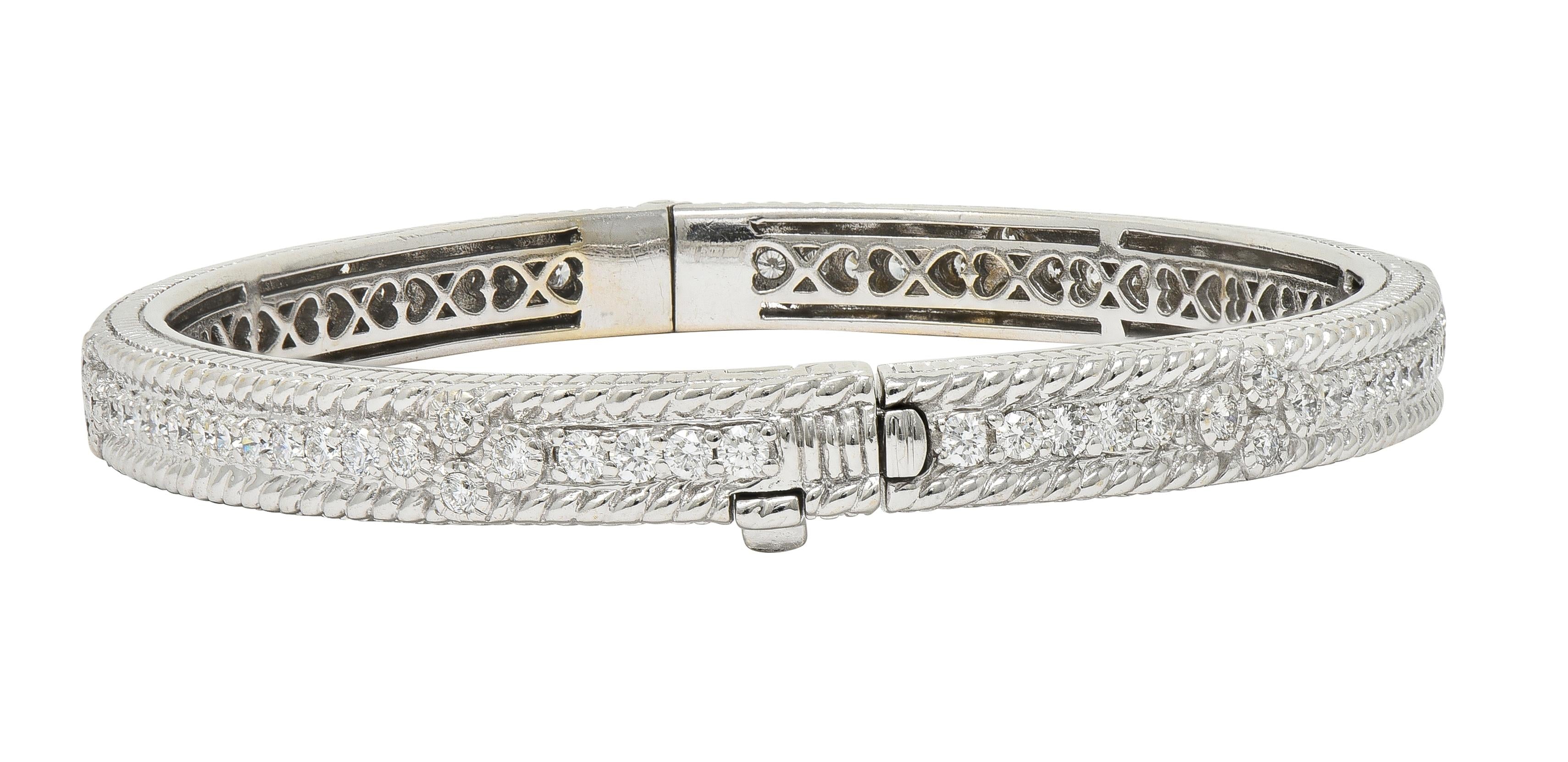 Judith Ripka 2000's Diamond 18 Karat White Gold Twisted Rope Bangle Bracelet