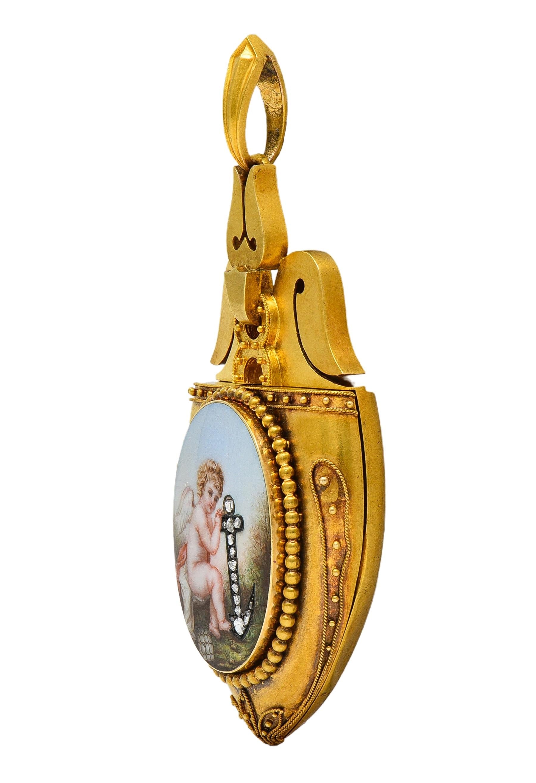 Victorian Diamond Enamel 14 Karat Yellow Gold Antique Cherub Portrait Locket