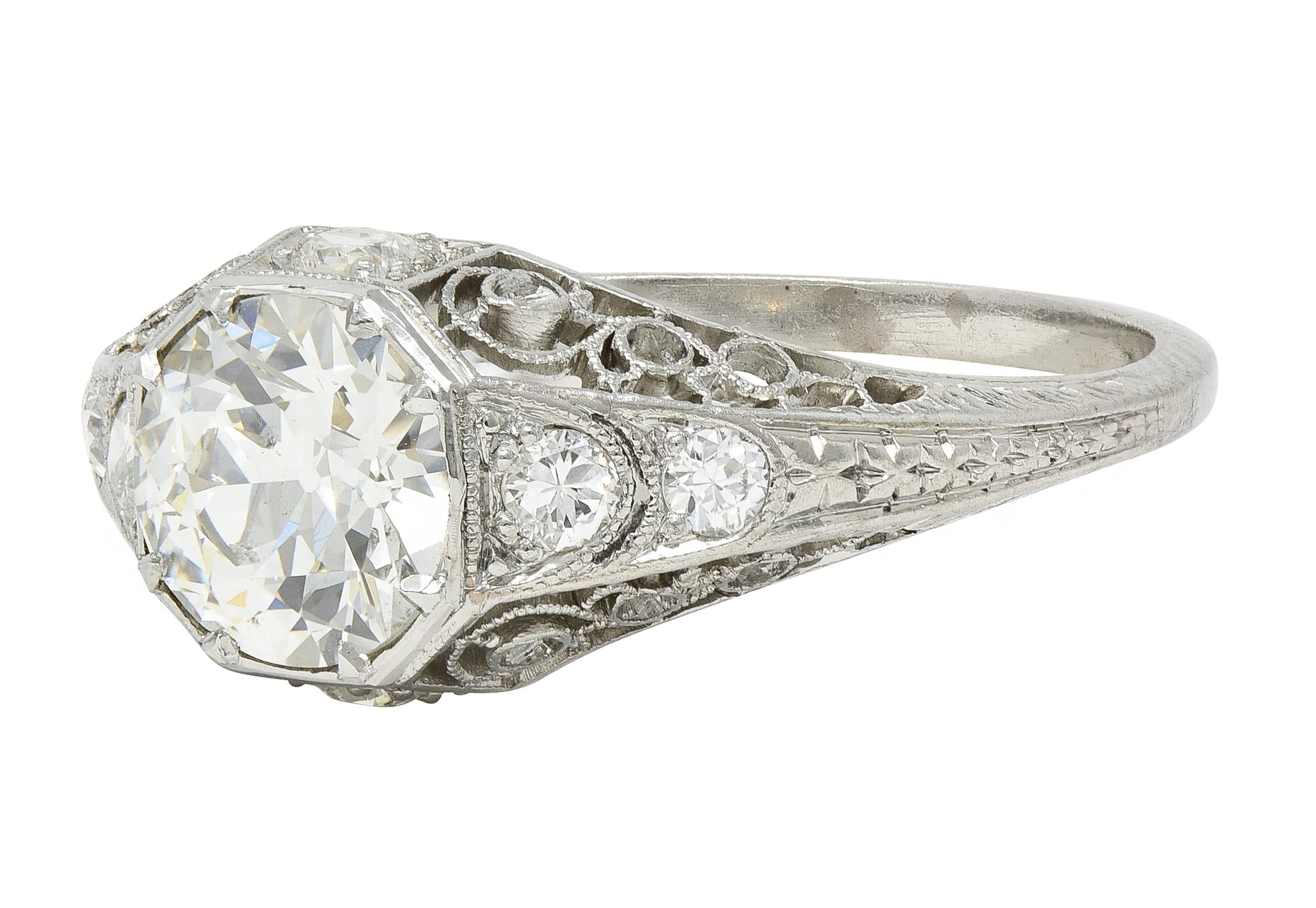 Art Deco Old European Diamond Platinum Antique Scroll Filigree Engagement Ring