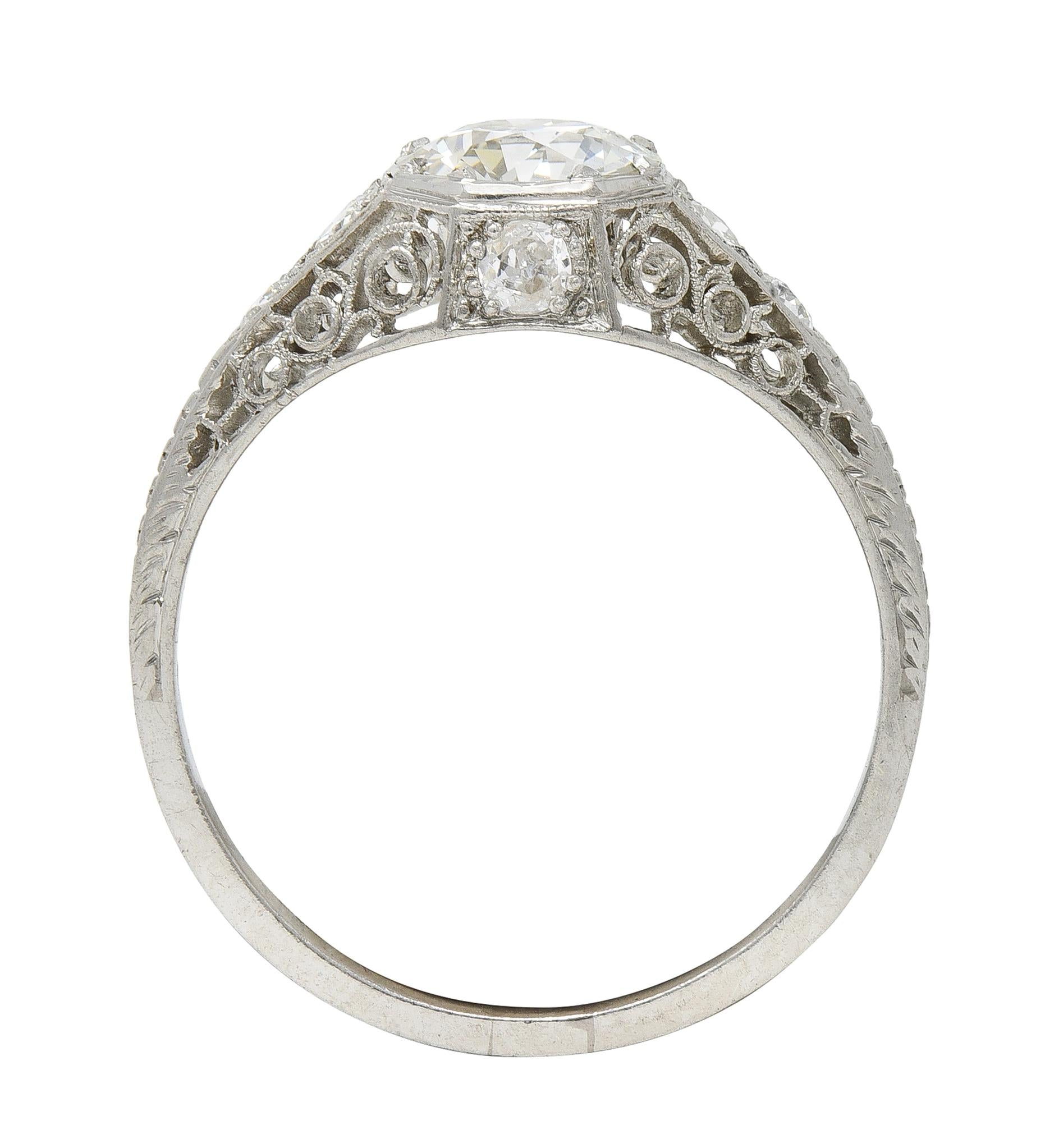 Art Deco Old European Diamond Platinum Antique Scroll Filigree Engagement Ring
