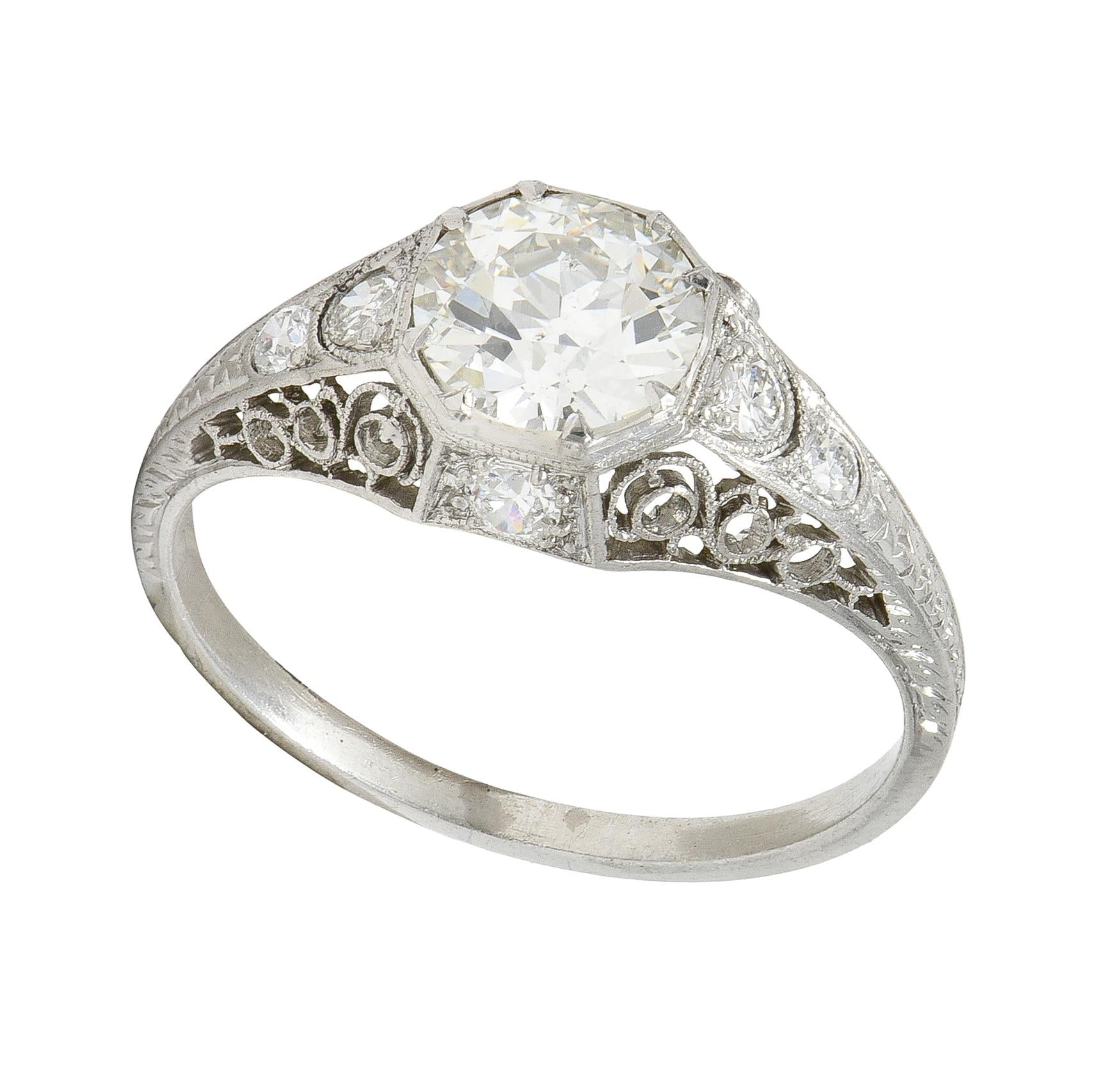 Art Deco Old European Diamond Platinum Antique Scroll Filigree Engagement Ring