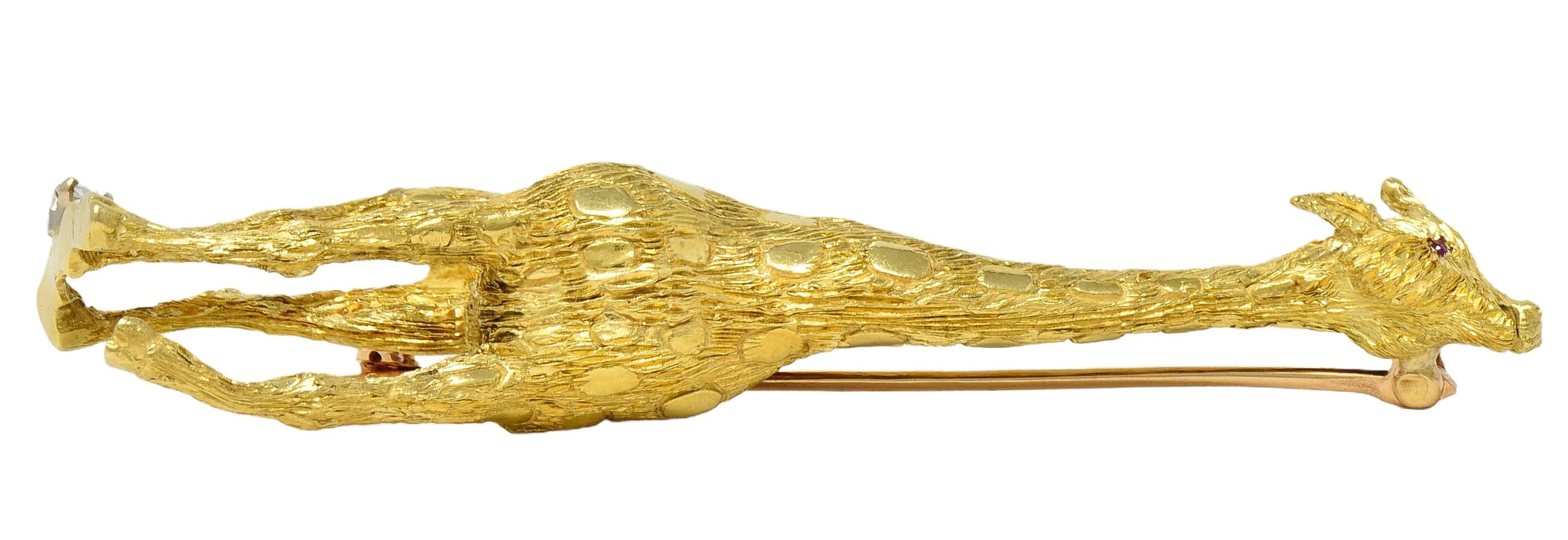 1960's Ruby Diamond 18 Karat Yellow Gold Vintage Giraffe Brooch