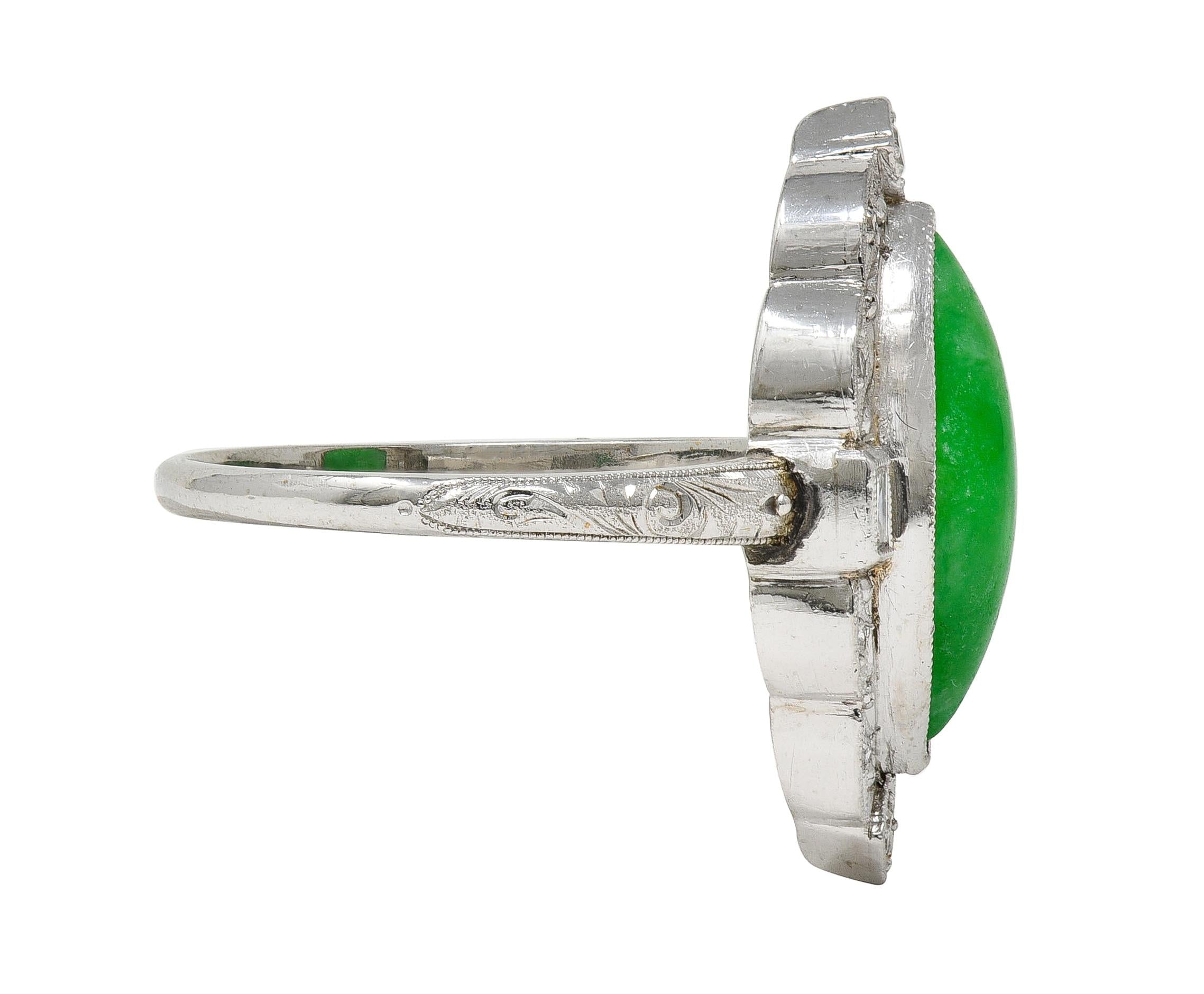 Art Deco Type A Jade 14 Karat White Gold Vintage Scrolling Navette Halo Ring GIA