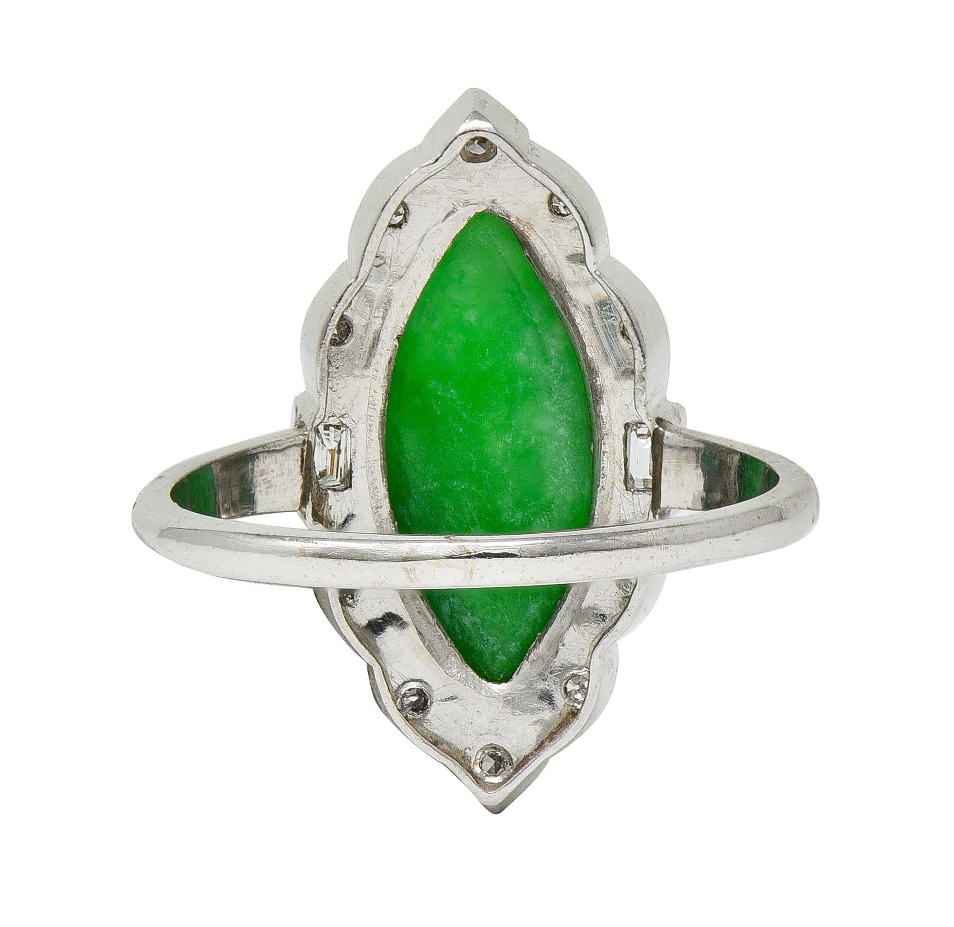 Art Deco Type A Jade 14 Karat White Gold Vintage Scrolling Navette Halo Ring GIA