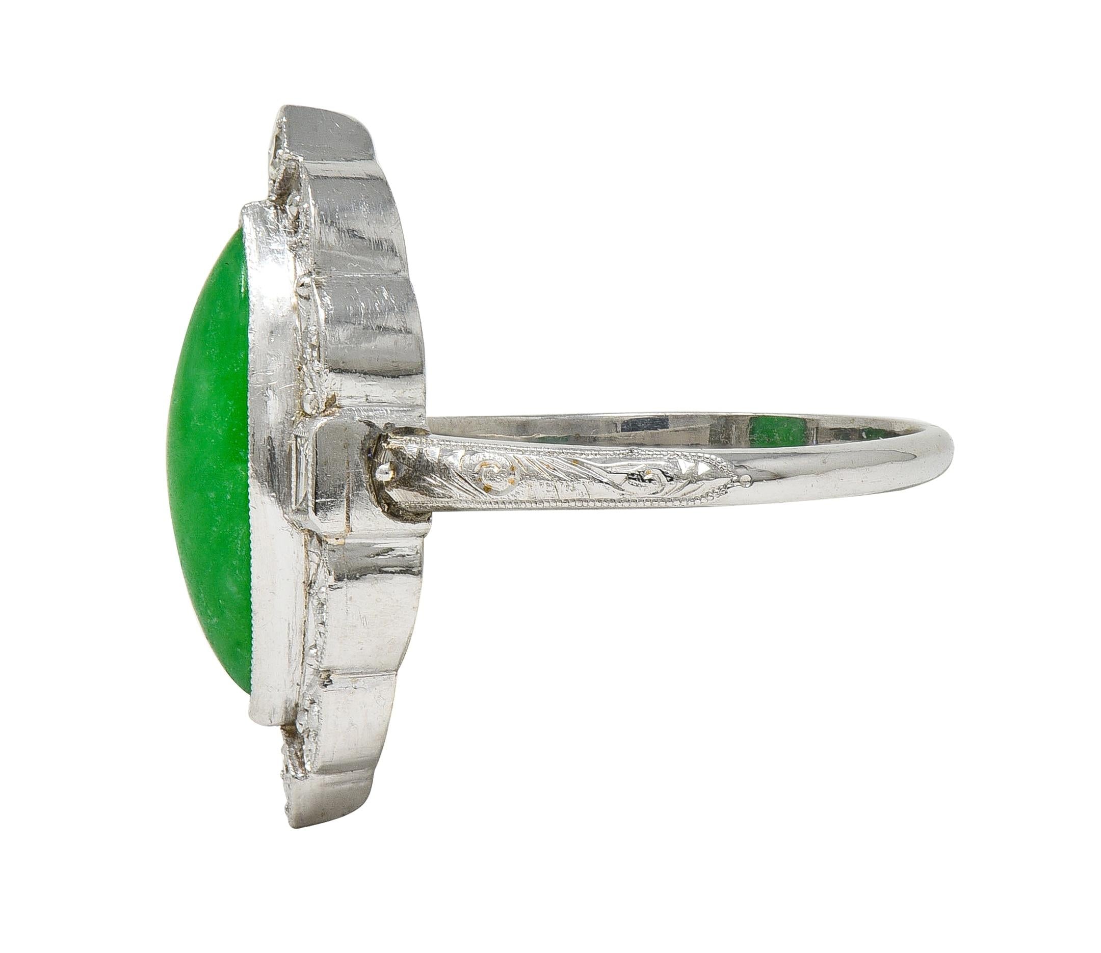 Art Deco Type A Jade 14 Karat White Gold Vintage Scrolling Navette Halo Ring GIA
