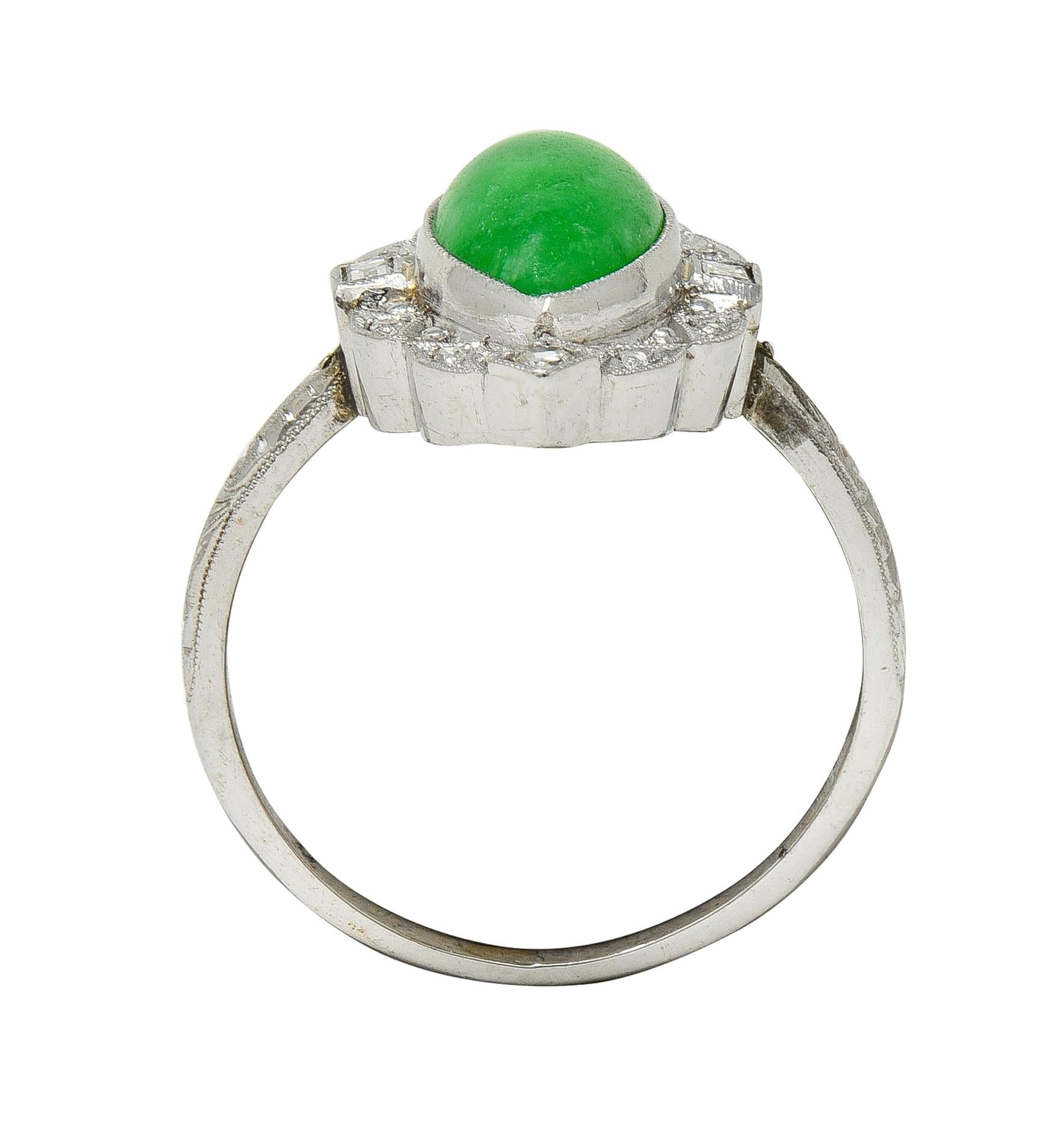 Art Deco Type A Jade 14 Karat White Gold Vintage Scrolling Navette Halo Ring GIA