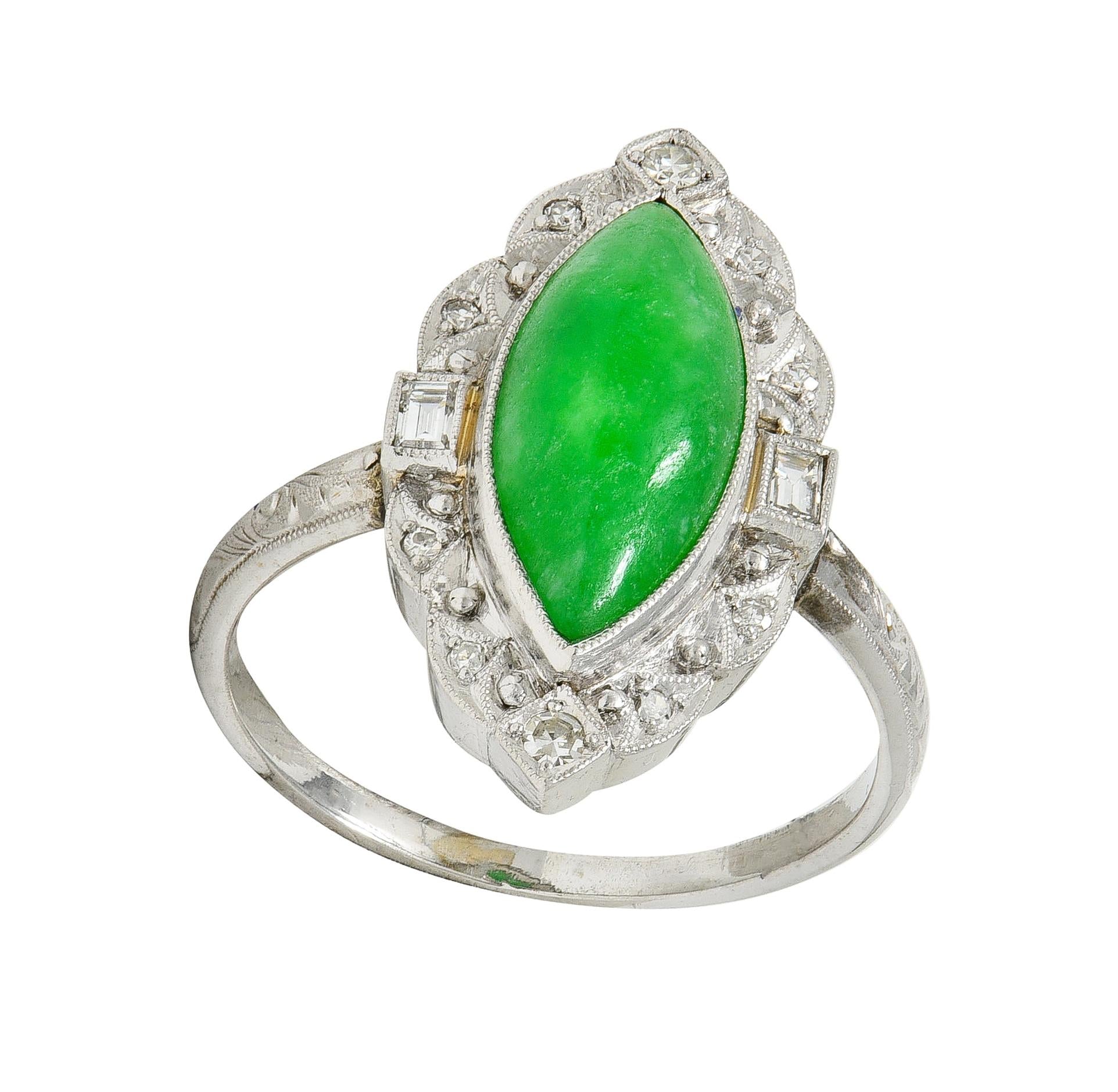 Art Deco Type A Jade 14 Karat White Gold Vintage Scrolling Navette Halo Ring GIA