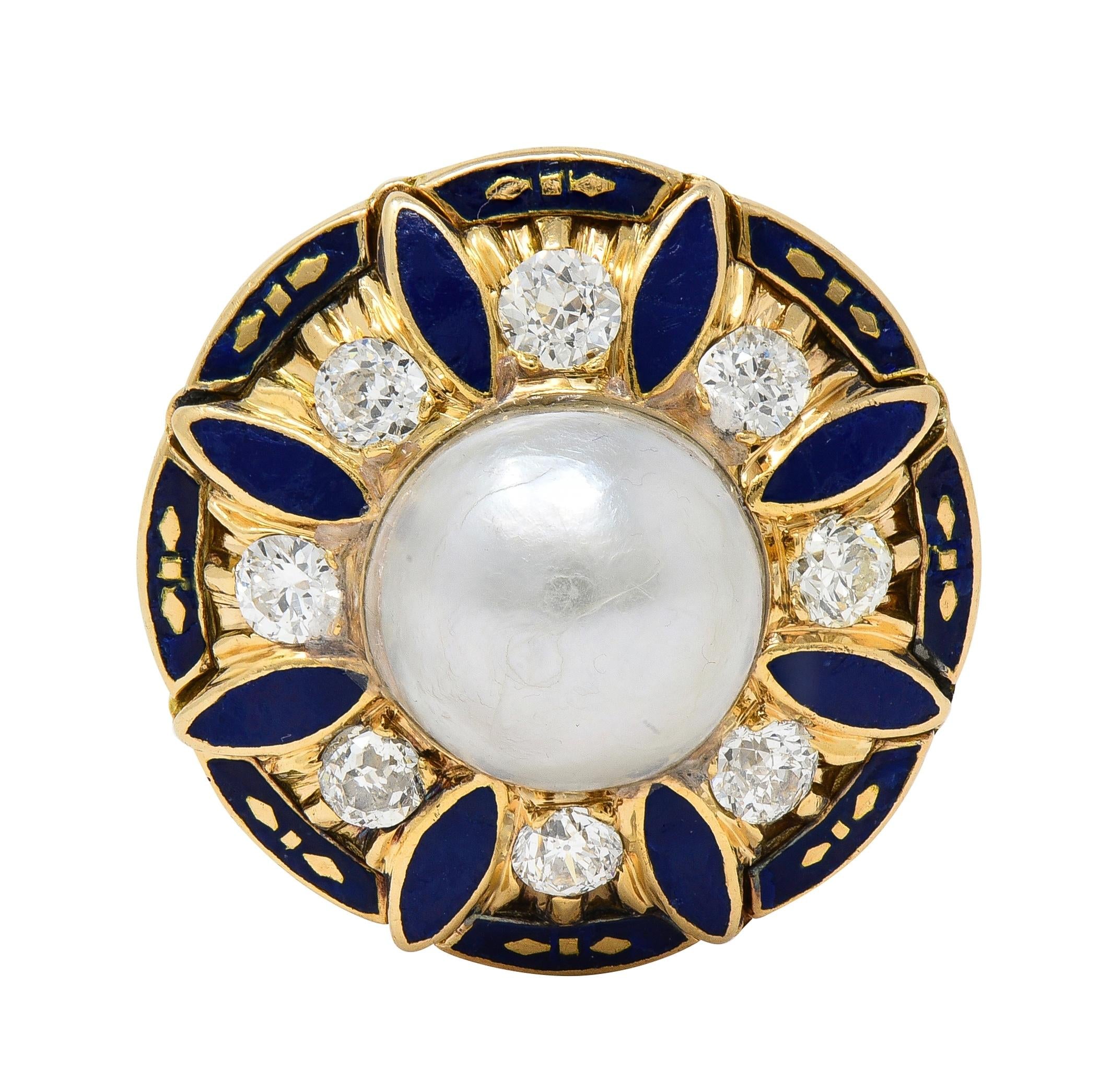 Victorian Revival Pearl Diamond Enamel 14 Karat Gold Vintage Halo Ring