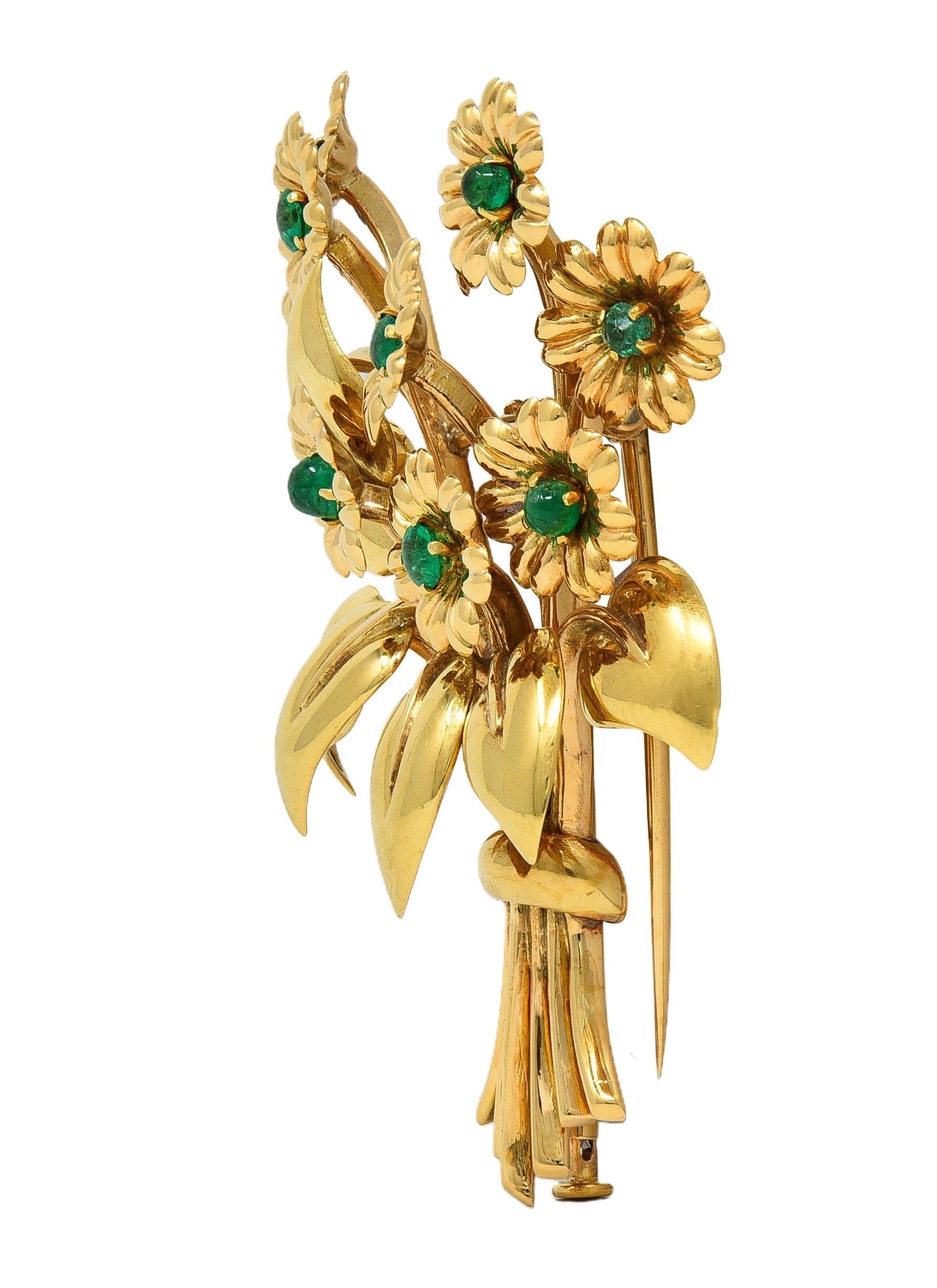 Van Cleef & Arpels 1948 French Emerald 14 Karat Yellow Gold Vintage Daisy Brooch