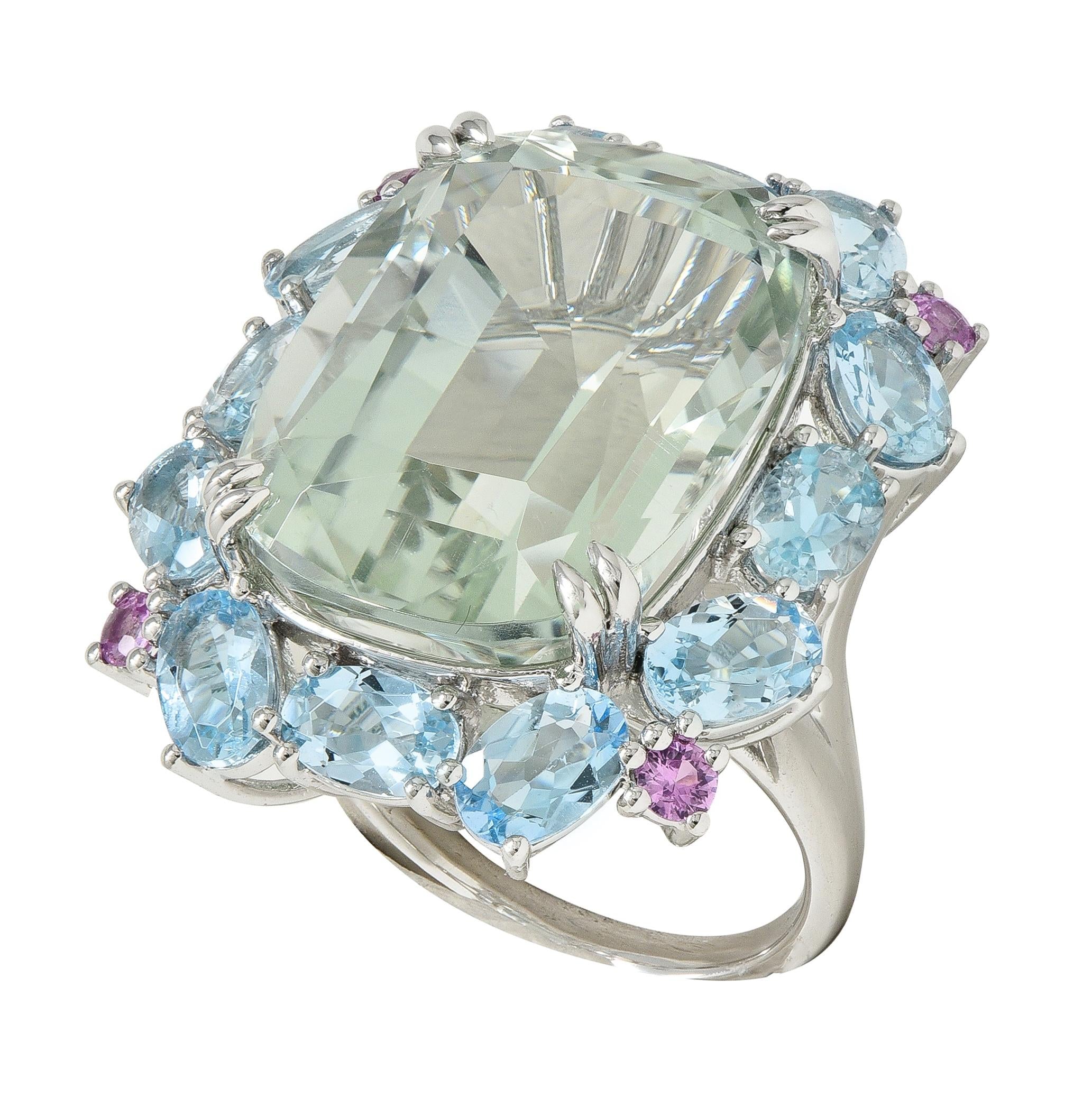 Contemporary 31.89 CTW Prasiolite Aquamarine Sapphire Platinum Cocktail Ring