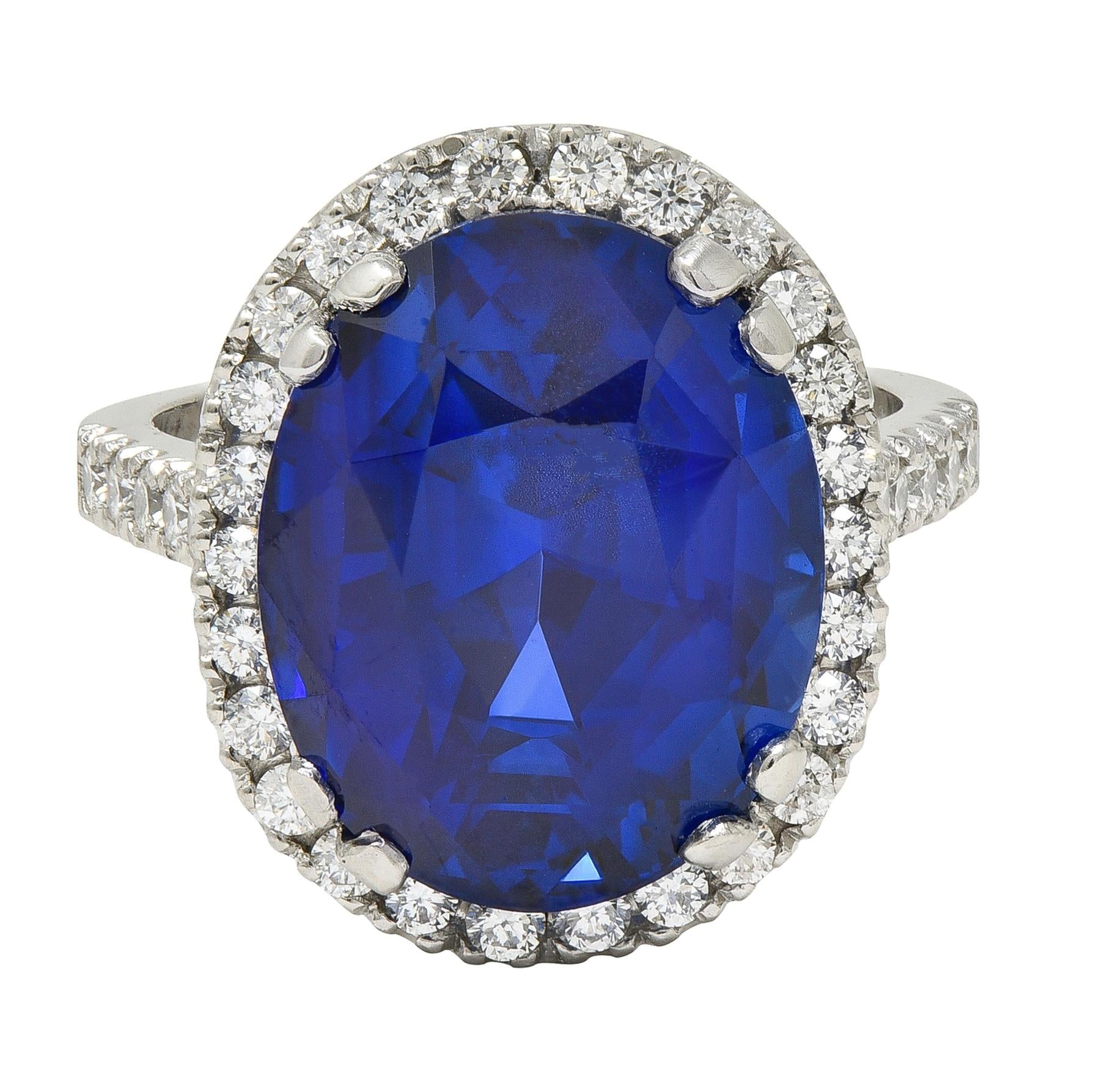 15.69 CTW No Heat Ceylon Blue Sapphire Diamond Platinum Vintage Halo Ring AGL