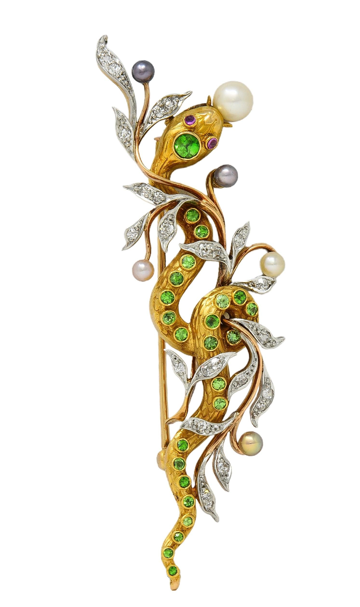 Edwardian Diamond Demantoid Pearl Platinum 14K Gold Antique Snake Brooch