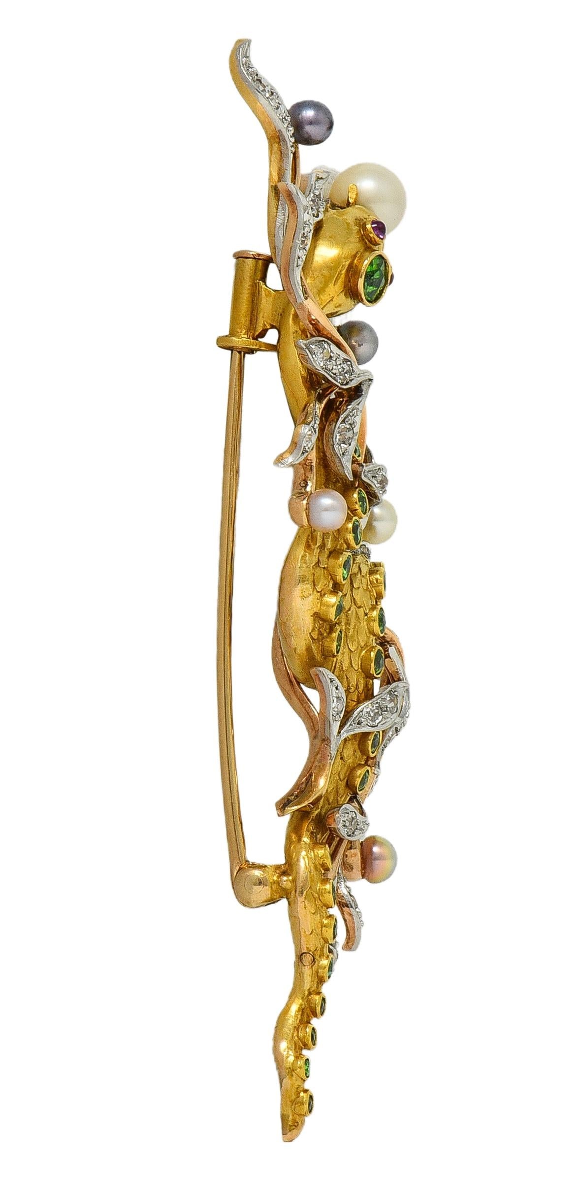 Edwardian Diamond Demantoid Pearl Platinum 14K Gold Antique Snake Brooch