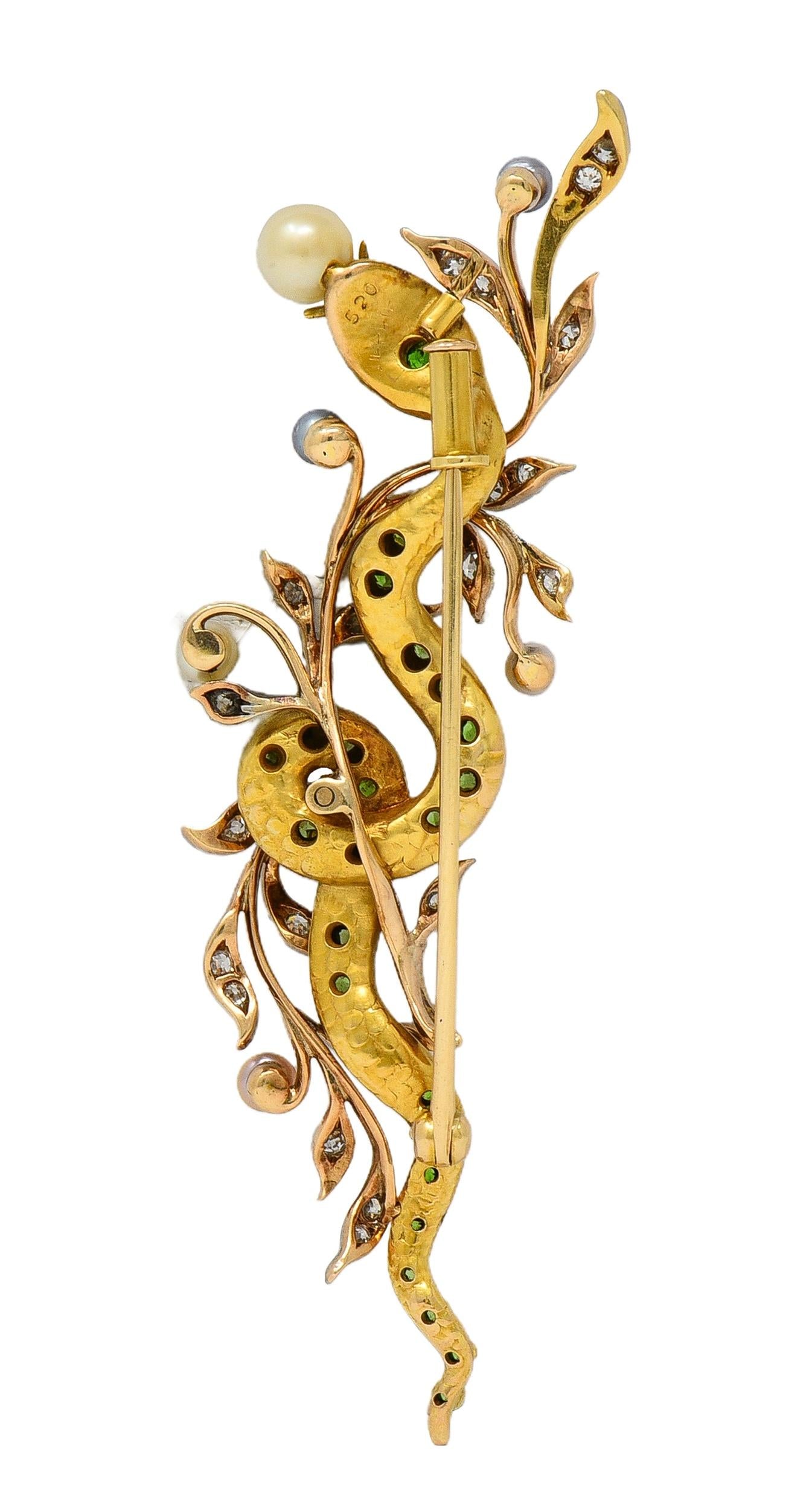 Edwardian Diamond Demantoid Pearl Platinum 14K Gold Antique Snake Brooch
