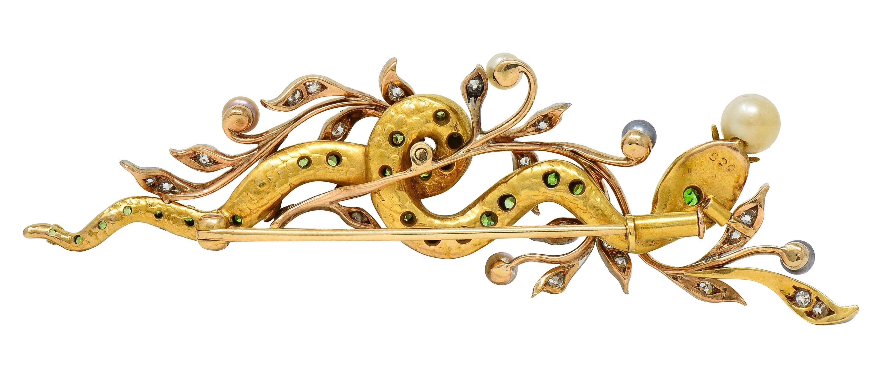 Edwardian Diamond Demantoid Pearl Platinum 14K Gold Antique Snake Brooch